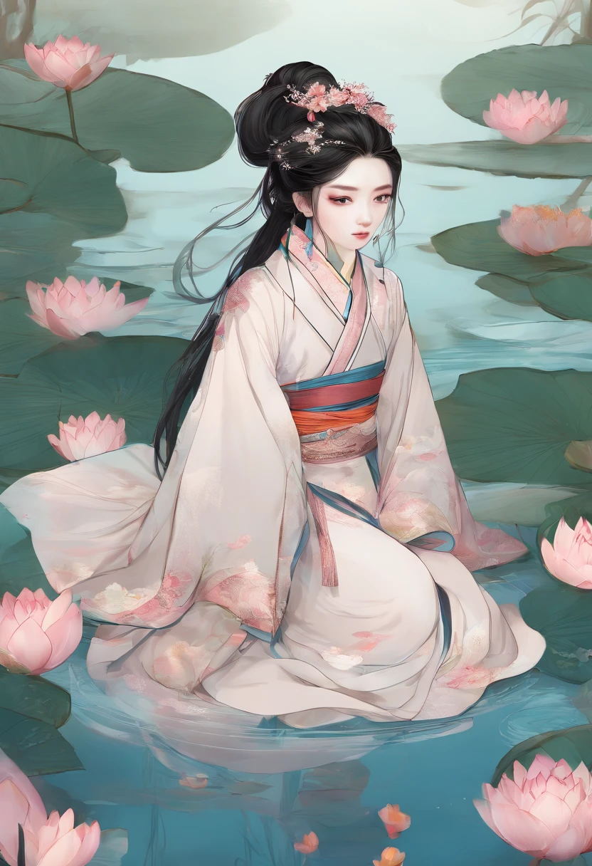 absurdos, Altas, ultra detalhado, (1girl:1.3), Hand drawn, linha simples, 16yo girl in colorful Chinese Hanfu, menina sexy com orelhas de raposa, In the lotus pond, master part, sitting in the water, roupas flutuantes, cabelos flutuantes