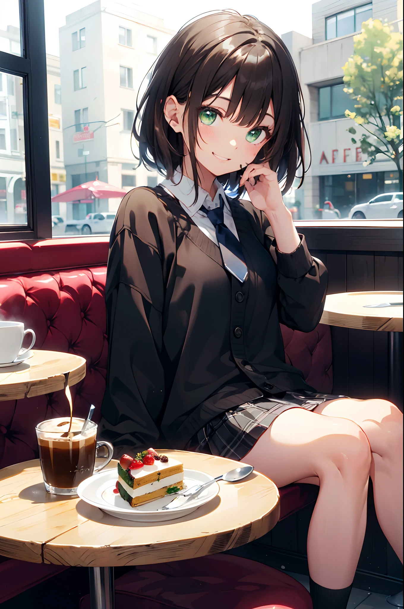 (top-quality、in 8K、32K、masterpiece、nffsw、超A high resolution、Impresionismo、Photorealsitic:1.2)、cowboy shot、foco nítido、detailed faces and eyes、(There is a plate of cake and coffee on the table, cafes, sitting on a mocha-colored table, dessert, Miniature Cafe Diorama, diner caffee, in coffee shop, cozy cafe background, enjoying coffee at a coffee shop, sitting in a cafe, shot with sony alpha 1 camera, by Maki Haku)、Sharp pupils、Realistic pupils、beauitful face、18 year old beautiful girl、shinny skin、Medium Short、Beautiful dark brown hair、Blunt bangs、Green-eyed eyes、Shirt、neck tie、Plaid miniskirt、Black socks、Put your right hand on your cheek、(looking happy smile:1.2)、Mel Kishida