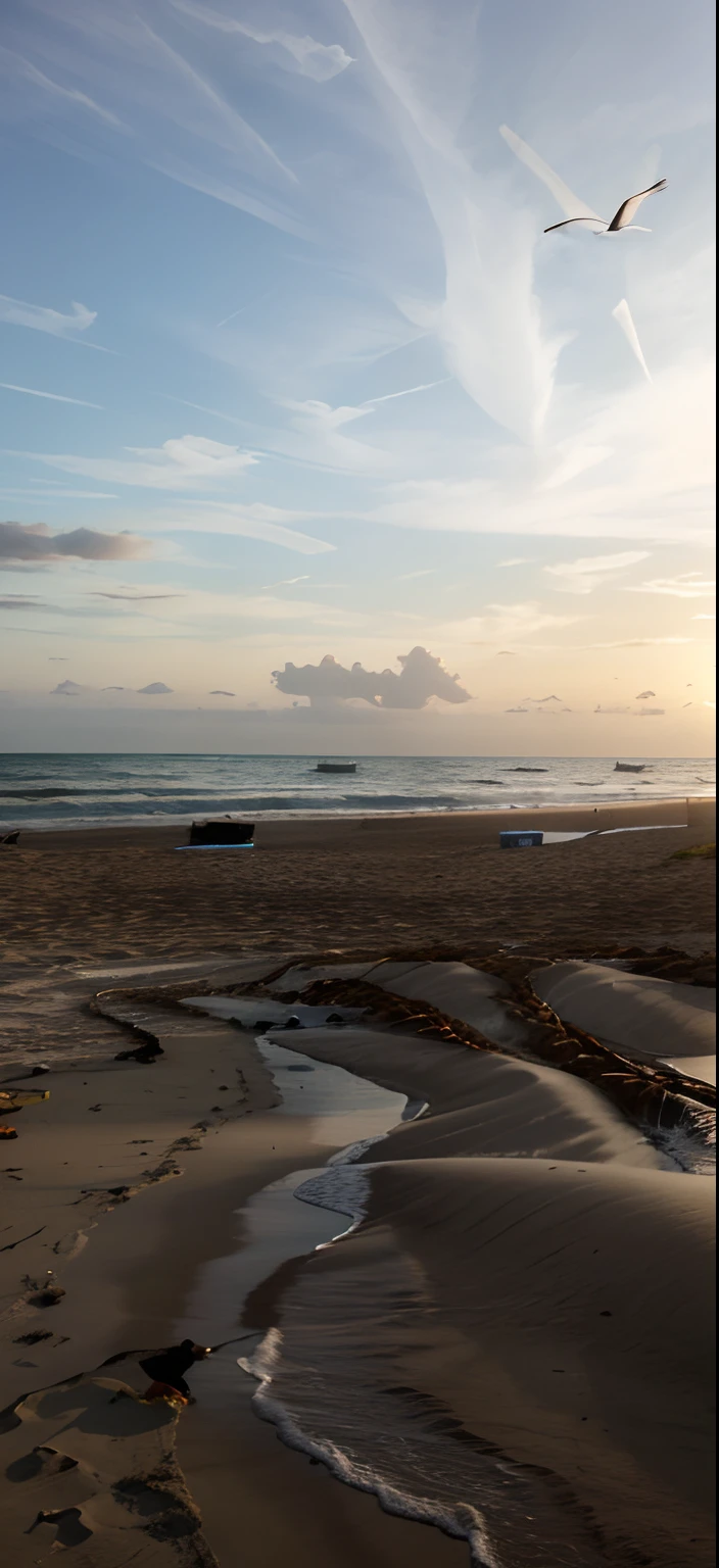 An absolutely mesmerizing sunset over the beach, with a blend of oranges, pinks, and yellows filling the sky. Crystal-clear waters of the sea gently kissing the shore, with sandy white beach stretching far and wide. The scene is dynamic and breathtaking, with seagulls soaring high in the sky and gently swaying palm trees. Take in the calming atmosphere and let the peacefulness wash over you.