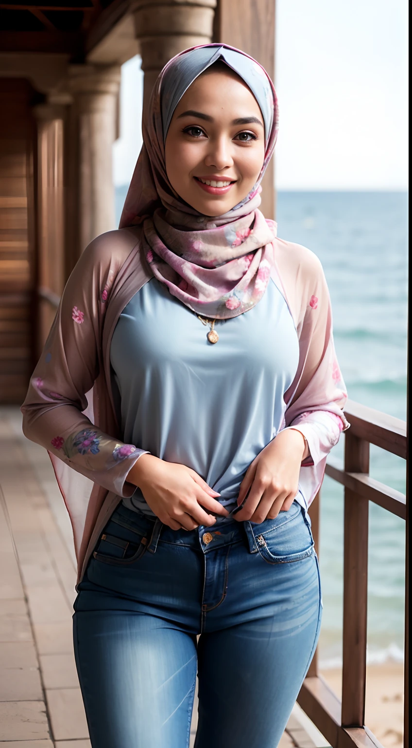 RAW, Best quality, high resolution, Masterpiece: 1.3), Beautiful Malay woman in hijab, Masterpiece, Perfect slim body, Beautiful big eyes, Watery eyes, Soft smile, Wet lips, big breasts, ((wearing a tight long kebaya with patterned pastel flowers covered hijab)), simple diamond necklace, ((covered clothes), ((simple clothes)),((wearing tight denim jeans)), full body, smiling, breezy, skin details, skin texture details, thick thighs, sexy body , morning time, smiling, happy, bright sunshine, sea beach, blurred background, bokeh