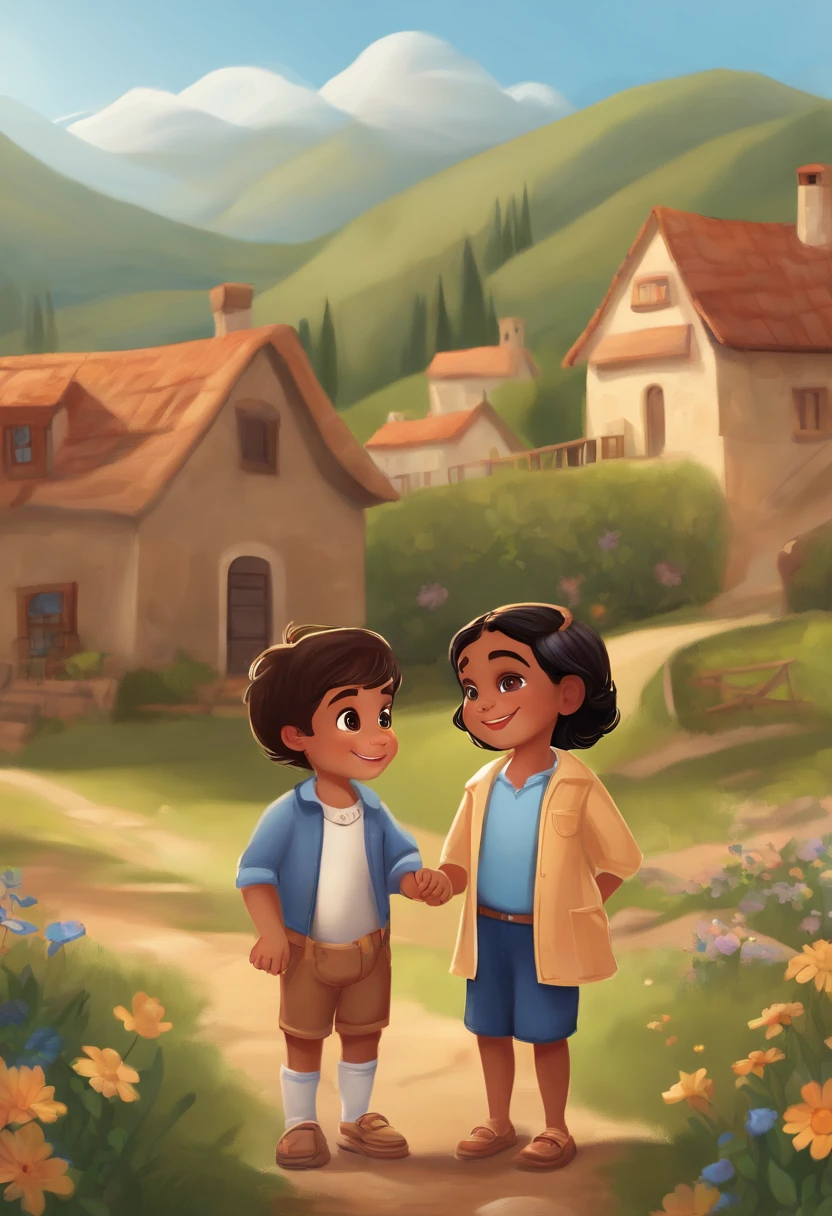 Boy: Miguel, approximately 5 , short Disney style hair, brown eyes and smiling. Girl: Giovana, 2 years oldack hair and blue eyes. Scenario: Miguel and Giovana are in a cozy little house in the valley, in the background a sunny day, highlighting the sun.