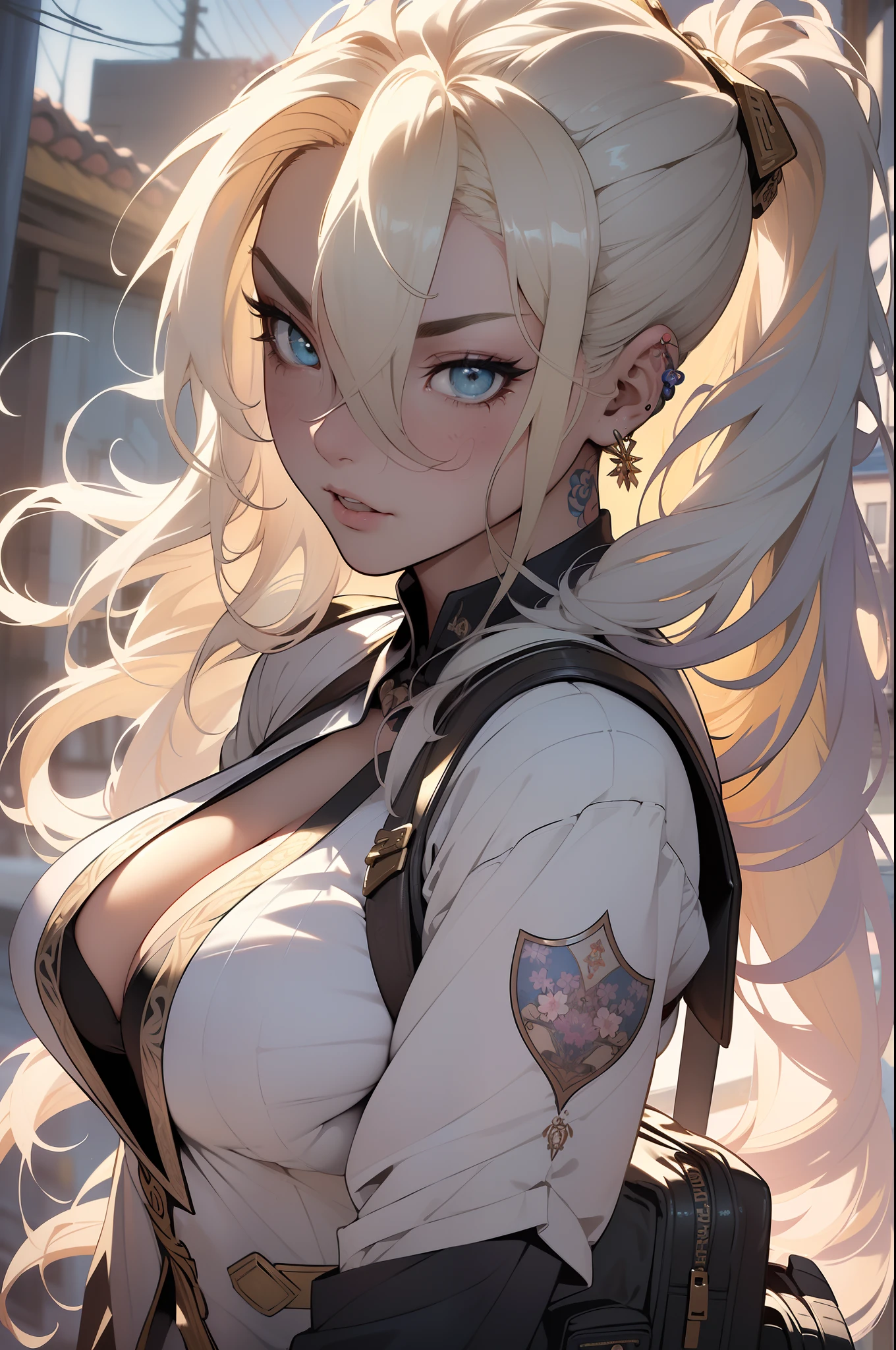 ((Best quality UHD)), ((masterpiece)), (detailed: 1.4), (Absurd), the most beautiful and sexy school girl, long blonde colored hair in pigtails blowing in the wind, pale kinetic skin, vibrant glowing blue eyes, hot woman, wearing highly detailed school uniform and backpack, sculptural body (((huge enormously gigantic tits, cleavage showing)), tons of tattoos and piercings(((unkempt hair)), very long finely detailed eyelashes, by mucha, niji --V5, close to real, sexy dynamic pose, pastel, centered, scale to fit the dimensions, school campus, cherry blossoms blowing in the wind, highy detailed background, perfect masterpiece, best quality, best resolution