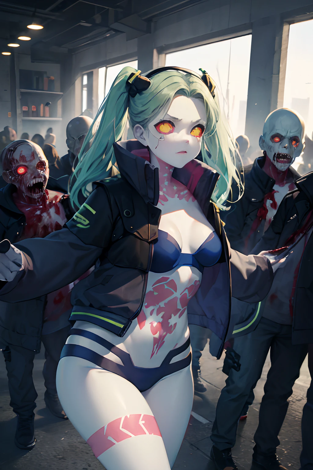 Rebecca, 1girl, green hair, white skin, twintails, colored sclera, red sclera, bra, panties, black jacket, artificial eye, black sneakers, perfect anatomy, solo, zombie, multiple boys, crowd, glowing eyes, undead, horror \(theme\), masterpiece, best quality, highly detailed, upper body, standing