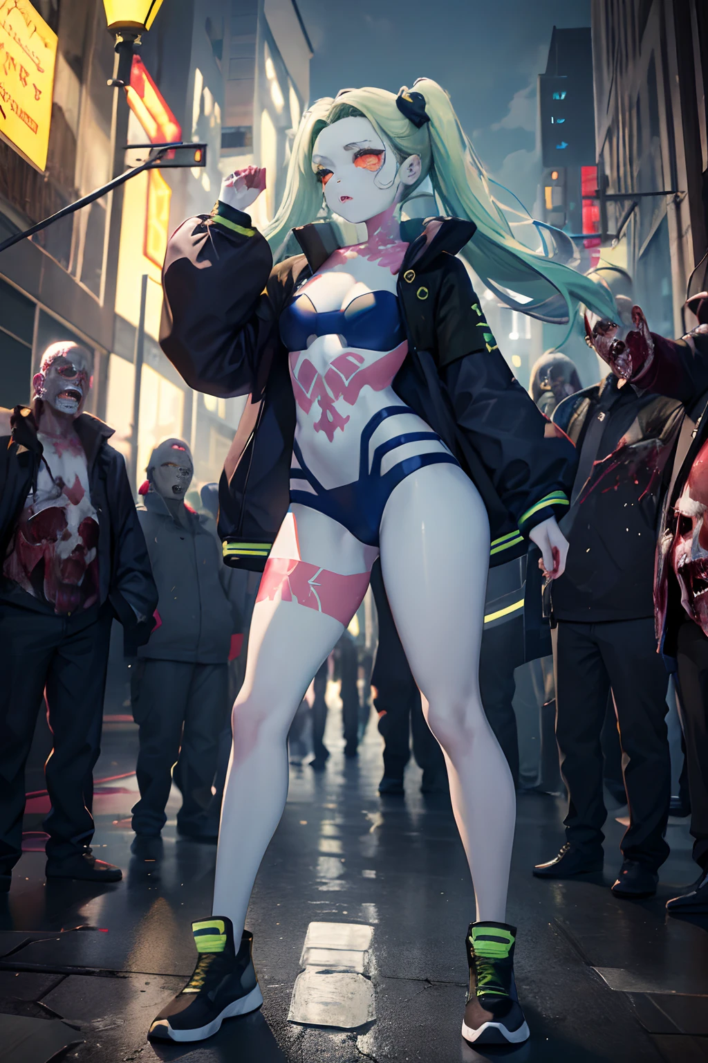 Rebecca, 1girl, green hair, white skin, twintails, colored sclera, red sclera, bra, panties, black jacket, artificial eye, black sneakers, perfect anatomy, solo, zombie, multiple boys, crowd, glowing eyes, undead, horror \(theme\), masterpiece, best quality, highly detailed, upper body, standing