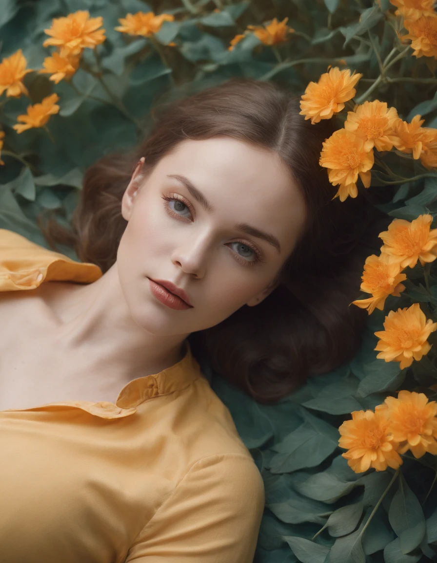 a young woman laying on the floor laying down in a yellow shirt with orange flower, in the style of wangechi mutu, light cyan and light bronze, high quality photo, ethereal foliage, barkley l. hendricks, anka zhuravleva, symbolic images