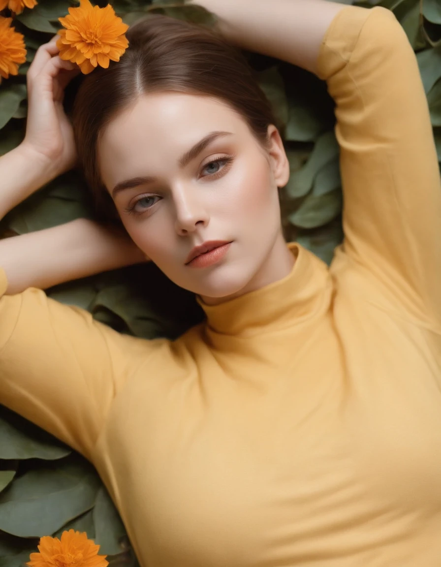 a young woman laying on the floor laying down in a yellow shirt with orange flower, in the style of wangechi mutu, light cyan and light bronze, high quality photo, ethereal foliage, barkley l. hendricks, anka zhuravleva, symbolic images