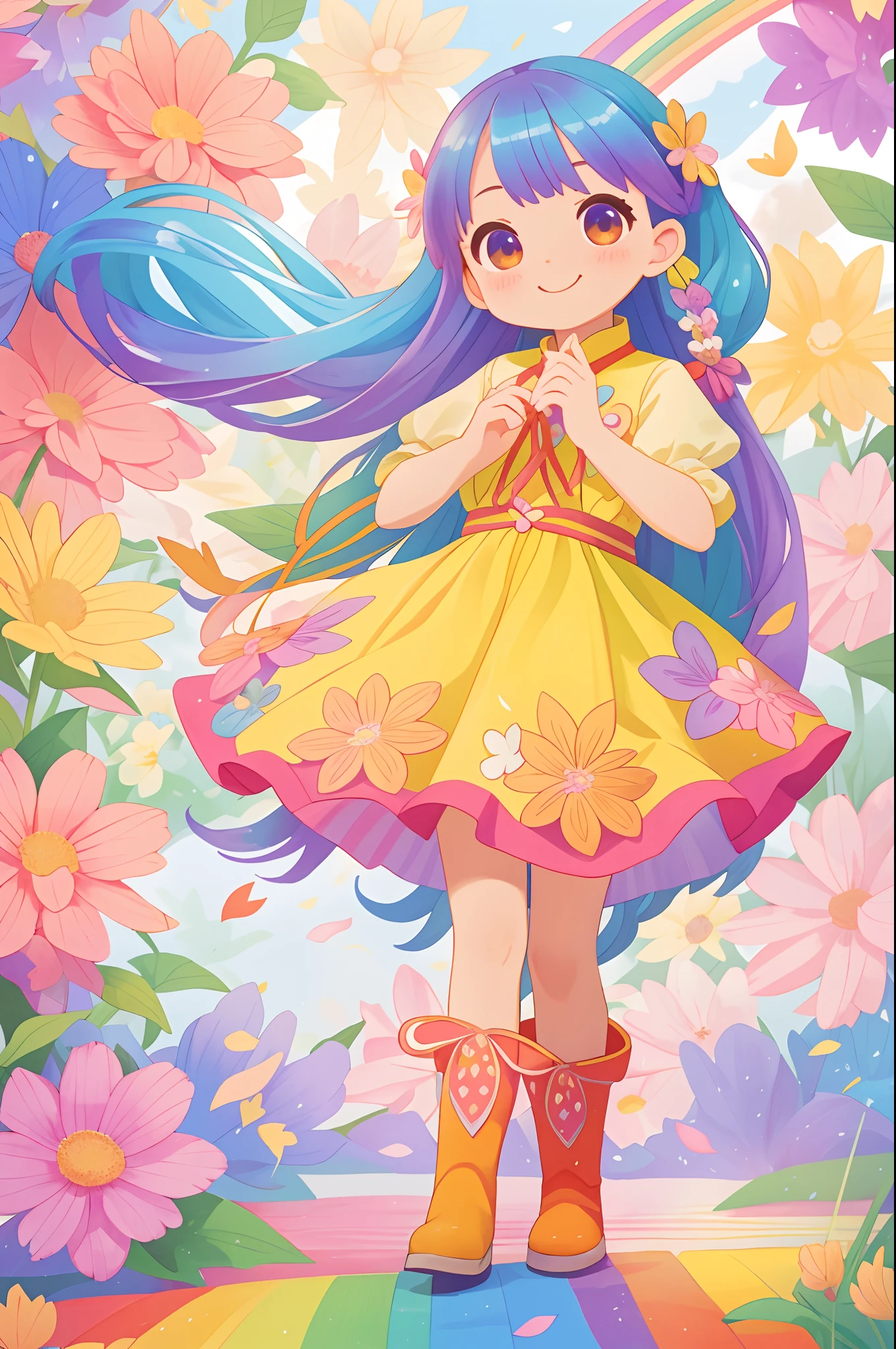 Stand in front of the photo、1girl in,Full body, rainbow color Hair,long boots,A slight smil、kawaii pose、Flowing iridescent silk、up of face、Eye Up、Colorcon with heart pattern、Floral dress、There are flowers even in front of you、flower petals、season!!: autumnal☀ 🍂