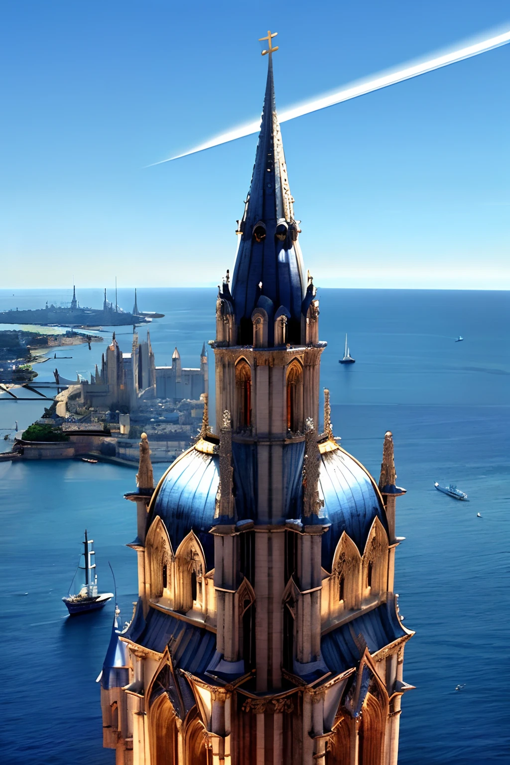 Aerial view、Sea view、Super-developed civilization、Huge metropolis、cathedral、Fantasia、Magnificent terrain、Hyper Beautiful Sky、High-rise complex、Medieval European style、European style architecture