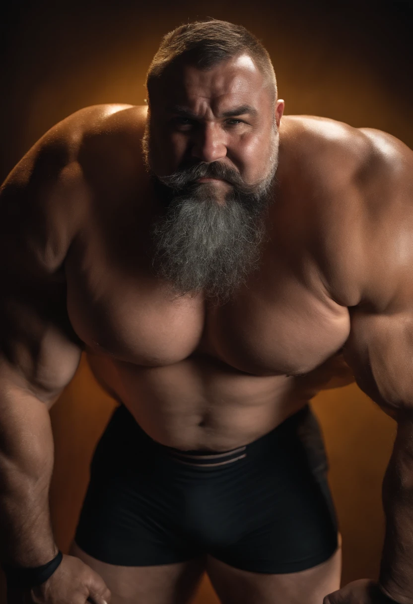 fat chubby bodybuilder man with a gray beard huge eyebrows and huge fangs and huge upperbody wearing black tight wrestling trunks while sweaty and flexing