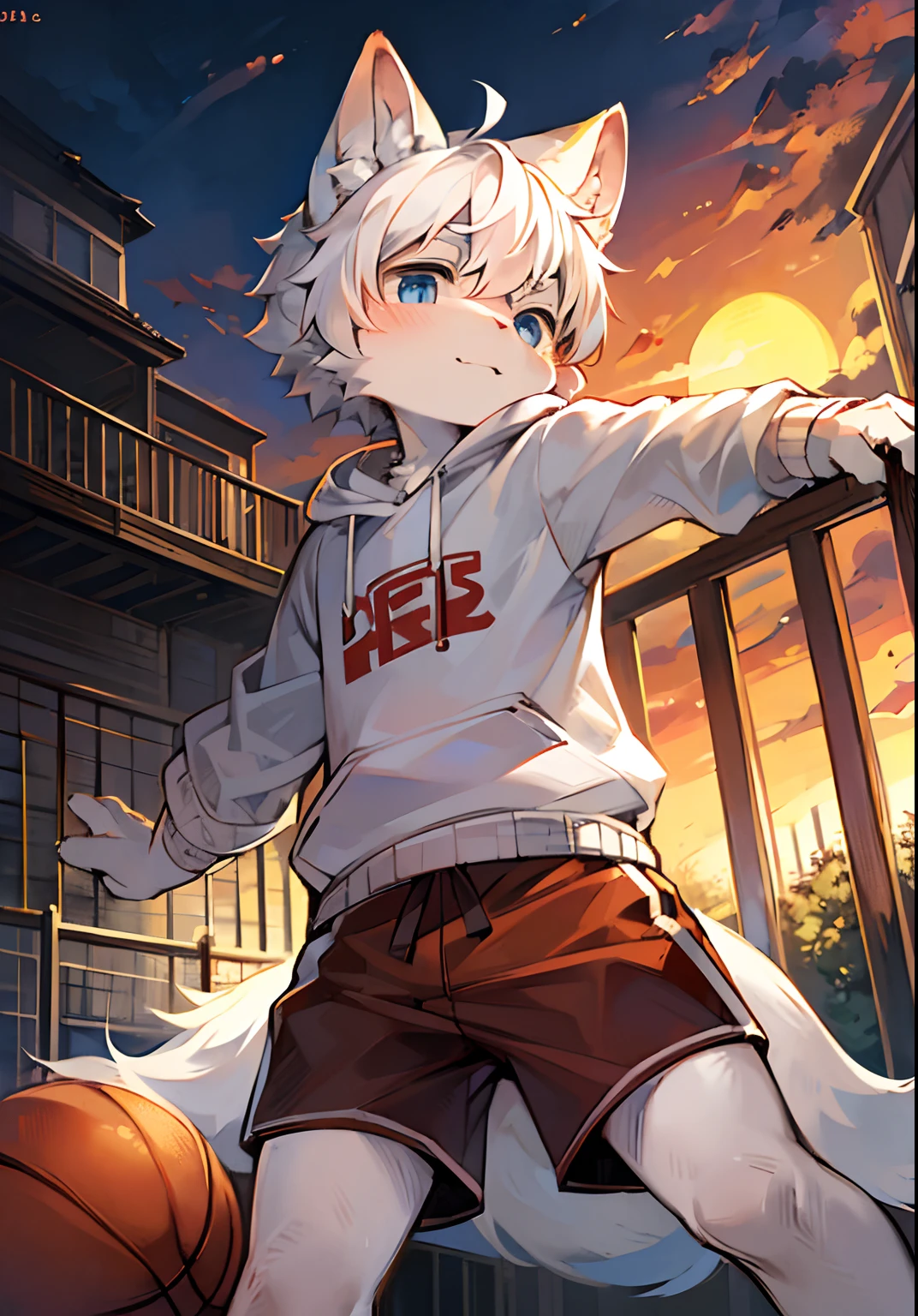 ambiente dark:0.8),Masterpiece,High quality,abstract res,Digital painting\(artwork of a\), by Dagasi, Yupa,Kiyosan,(anthro,Fluffy fur,Character focus:1.1),anthro male cat,Short hair,Portrait , eyes with brightness, in a panoramic view, Character focus.(detailedbackground:0.7), 独奏, shaggy, shaggy male, malefocus, anthr,(White fur all over, basketball ball,White sweatshirt,White sports shorts,Shooting posture,A confident expression,White cat ears,Fish tail, White fur, Light blue eyes, White hair:1.2), (long canines:1.2)Dark outdoors,basketball playground,Sunset background,early evening,Orange sky,Face away from the perspective