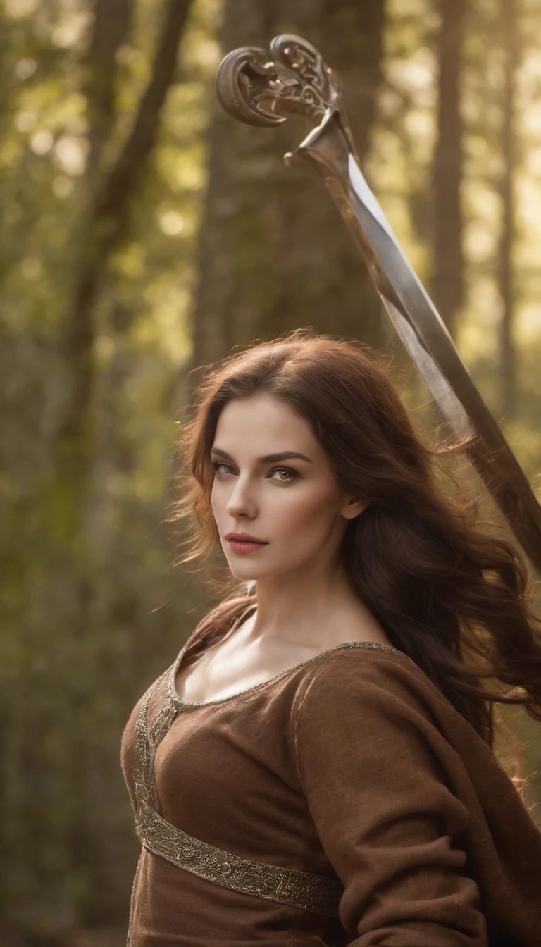 (master part), (extremamente intrincado:1.3), (Realistic), Retrato de uma mulher de cabelos escuros com armadura medieval e espada grande, metal reflections, parte superior do corpo, ao ar livre, luz solar intensa, Castelo distante, fotografia profissional de uma mulher deslumbrante detalhada, foco nítido, Dramatic, Premiado, Cinematic lighting, octan render, Motor irreal, Volumetria DTX, (filmic grain, Bokeh)