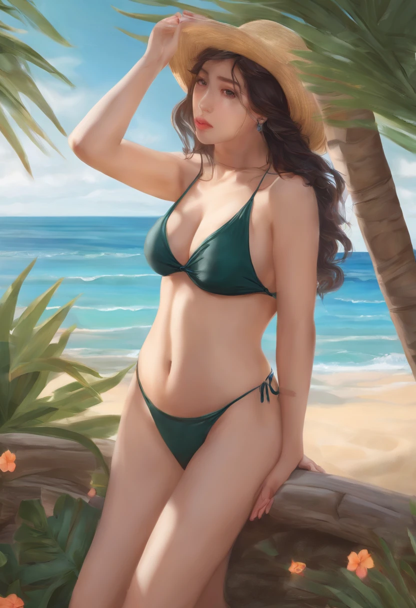 A girl who looks embarrassed because her beach swimsuit comes off and her breasts are visible