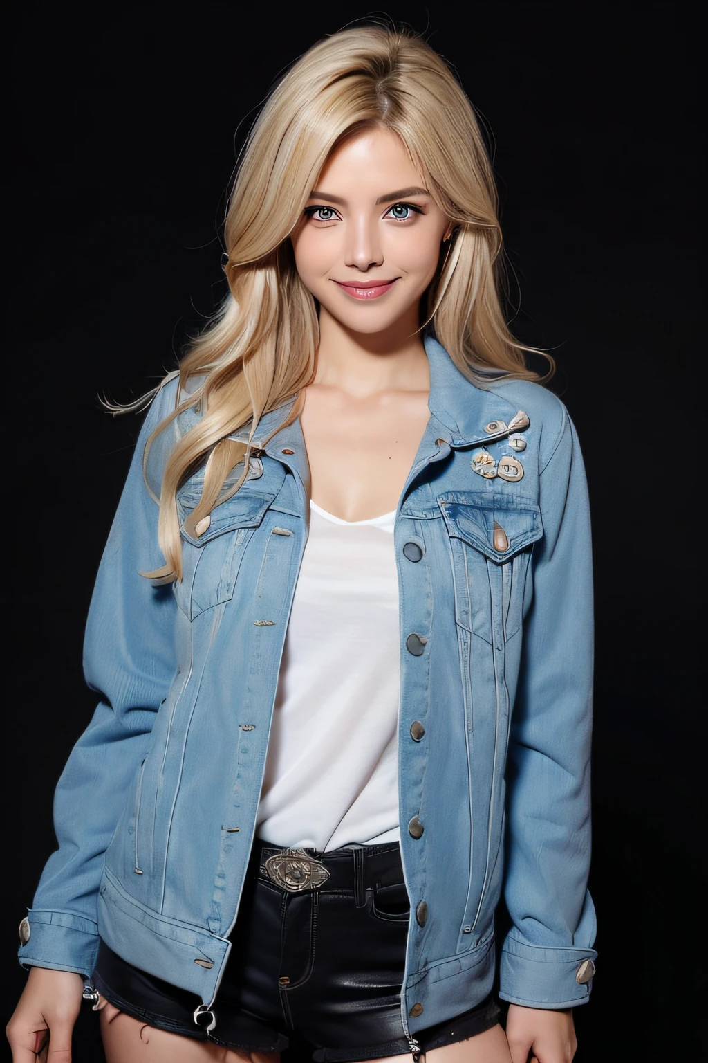 ((Cristia AOT, 1girl in, Solo, Krista Lenz, Smile, hair between eye, Blue eyes, Blonde hair, Jacket, Medium Hair, black backgrounds、