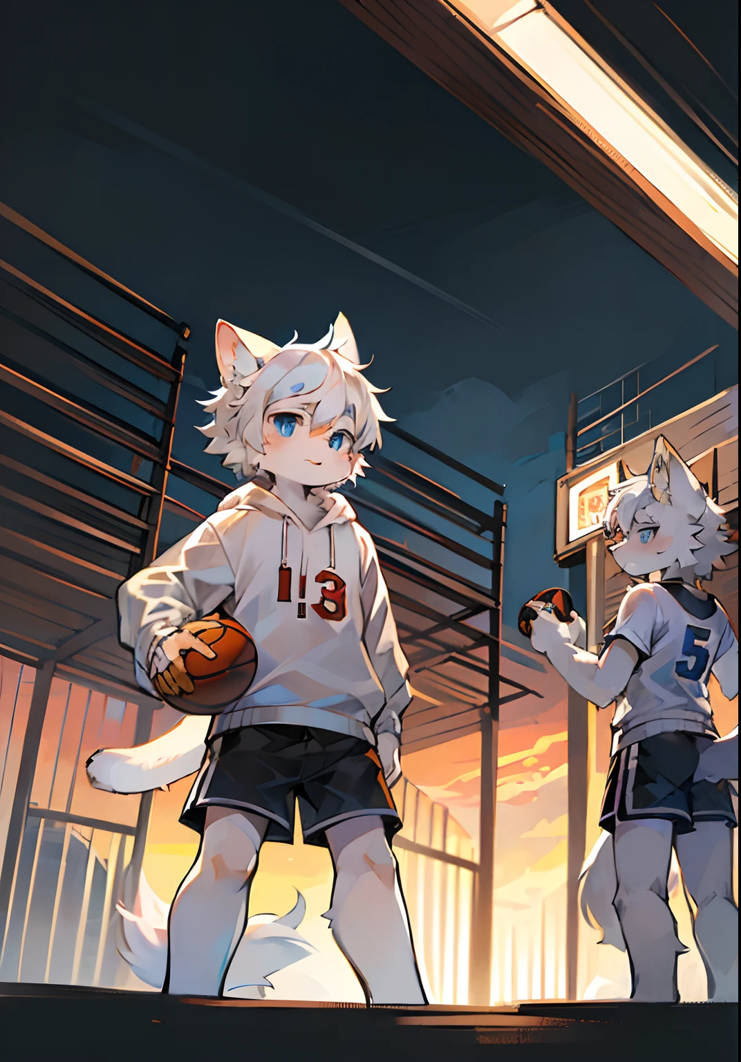 ambiente dark:0.8),Masterpiece,High quality,abstract res,Digital painting\(artwork of a\), by Dagasi, Yupa,Kiyosan,(anthro,Fluffy fur,Character focus:1.1),anthro male cat,Short hair,Portrait , eyes with brightness, in a panoramic view, Character focus.(detailedbackground:0.7), 独奏, shaggy, shaggy male, malefocus, anthr,(White fur all over, basketball ball,White sweatshirt,White sports shorts,Shooting posture,A confident expression,White cat ears,Fish tail, White fur, Light blue eyes, White hair:1.2), (long canines:1.2)Dark outdoors,basketball playground,Sunset background,early evening,Orange sky,Face away from the perspective