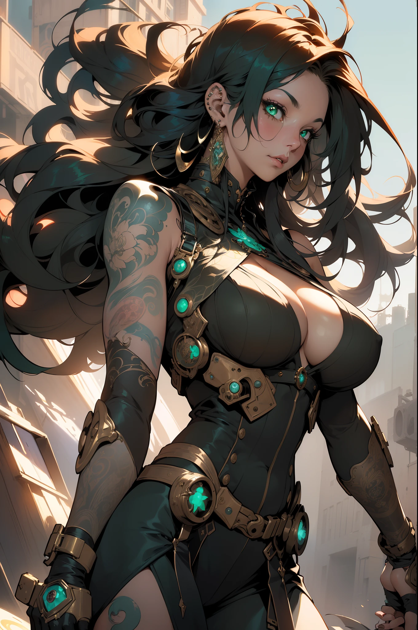 ((Best quality UHD)), ((masterpiece)), (detailed: 1.4), (Absurd), the most beautiful and sexy steampunk girl, long caramel colored hair blowing in the wind, white kinetic skin, vibrant glowing green eyes, hot woman, wearing highly detailed post apocalyptic steampunk tactical gear, sculptural body (((huge enormously gigantic tits, cleavage showing)), tons of tattoos and piercings(((unkempt hair)), very long finely detailed eyelashes, by mucha, niji --V5, close to real, sexy dynamic pose, pastel, centered, scale to fit the dimensions, post apocalyptic wasteland, metal fragments and debris blowing in the wind, highy detailed background, perfect masterpiece, best quality, best resolution