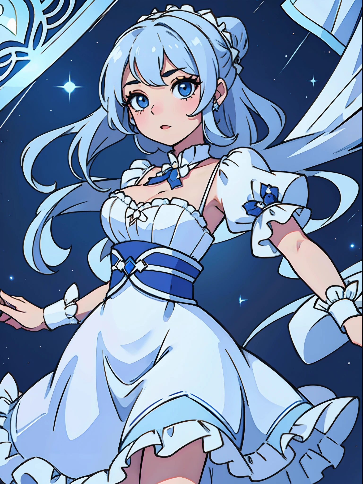 1 chica, SHORT WAVY LIGHT BROWN HAIR, LINDOS (OJOS AZULES COMO DIAMANTES), Long and beautiful eyelashes, VESTIDO DE CHICA, LIGHT BLUE AND WHITE IN ROMANTIC VICTORIAN STYLE