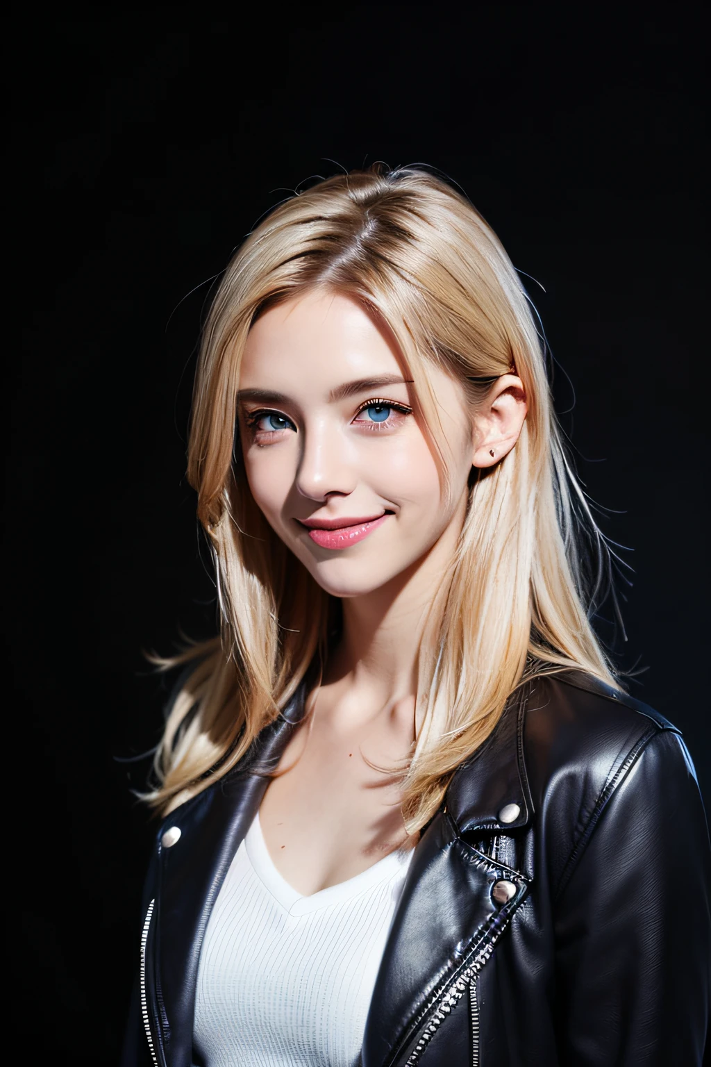 ((Cristia AOT, 1girl in, Solo, Krista Lenz, Smile, hair between eye, Blue eyes, Blonde hair, Jacket, Medium Hair, black backgrounds、