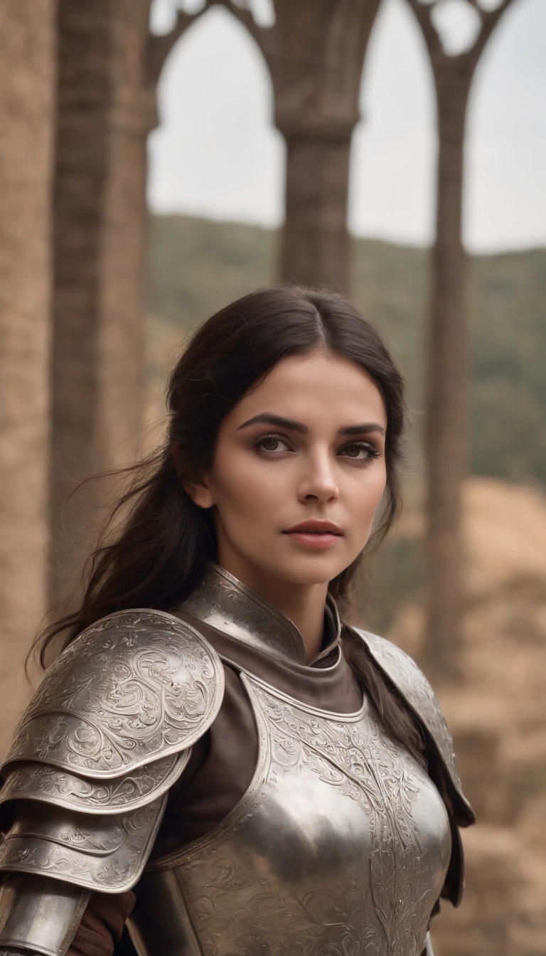 (master part), (extremamente intrincado:1.3), (Realistic), Portrait of a dark-haired woman dressed in medieval armor and holding a greatsword in her hand, pronta para a guerra, metal reflections, parte superior do corpo, ao ar livre, luz solar intensa, Castelo distante, fotografia profissional de uma mulher deslumbrante detalhada, foco nítido, Dramatic, Premiado, Cinematic lighting, octan render, Motor irreal, Volumetria DTX, (filmic grain, Bokeh)