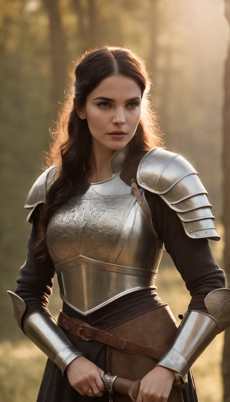(master part), (extremamente intrincado:1.3), (Realistic), Portrait of a dark-haired woman dressed in medieval armor and holding a greatsword in her hand, pronta para a guerra, metal reflections, parte superior do corpo, ao ar livre, luz solar intensa, Castelo distante, fotografia profissional de uma mulher deslumbrante detalhada, foco nítido, Dramatic, Premiado, Cinematic lighting, octan render, Motor irreal, Volumetria DTX, (filmic grain, Bokeh)