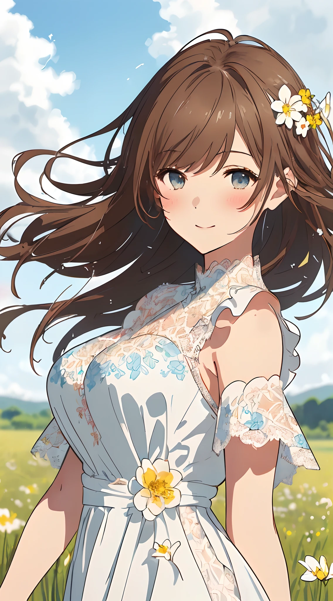 top-quality、masterpiece、(1 adult female:1.3)、(Soft bust:1.2)、natural(Colossal tits)、slender、(View landscape:1.1)、Seen from the side、(Kamimei)、(thin and simple white lace dress:1.2)、Brown hair、(Hair is tied back)、(Hair fluttering in the wind:1.3)、Dark blue eyes、(Highlights in the eyes)、(Look at viewers:1.2)、de pele branca、red blush、A slight smil、(blue-sky:1.3)、grass field、(Avoid the background around the upper body:1.3)、(Blur the background a lot to make the woman stand out:1.3)、beautiful lemon-colored flowers、diffuse sunlight