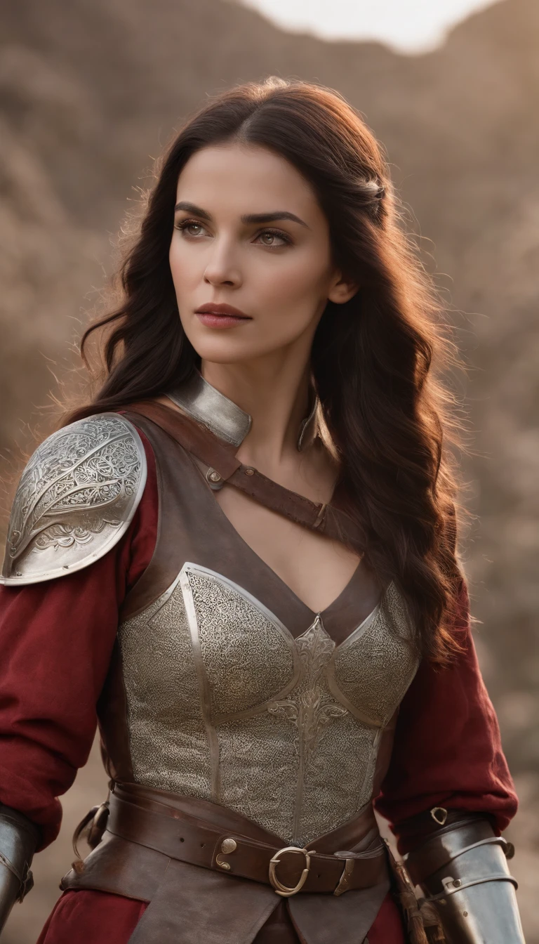 (master part), (extremamente intrincado:1.3), (Realistic), Portrait of a dark-haired woman dressed in medieval armor and holding a greatsword in her hand, pronta para a guerra, metal reflections, parte superior do corpo, ao ar livre, luz solar intensa, Castelo distante, fotografia profissional de uma mulher deslumbrante detalhada, foco nítido, Dramatic, Premiado, Cinematic lighting, octan render, Motor irreal, Volumetria DTX, (filmic grain, Bokeh)