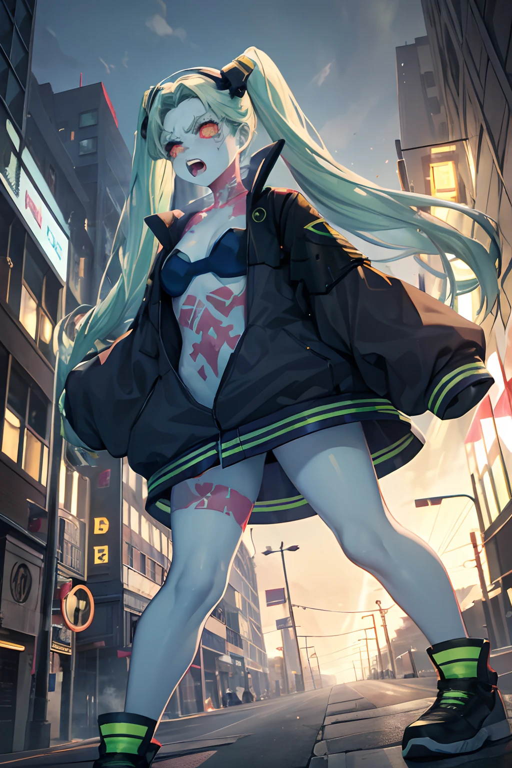 Rebecca, 1girl, green hair, white skin, twintails, colored sclera, red sclera, bra, panties, black jacket, artificial eye, black sneakers, perfect anatomy, solo, zombie, multiple boys, crowd, glowing eyes, undead, horror \(theme\), masterpiece, best quality, highly detailed, upper body, standing, angry expression, yelling