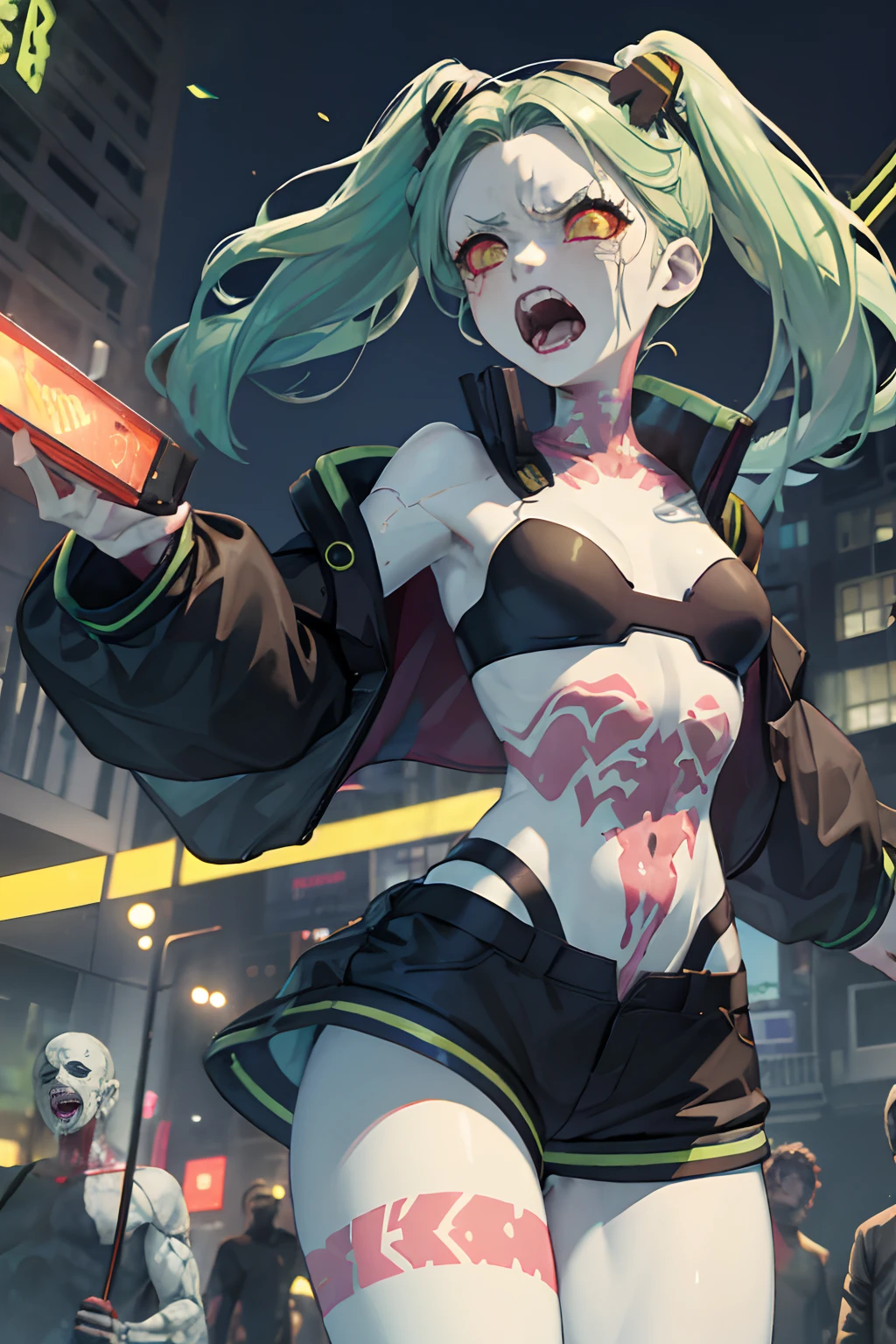 Rebecca, 1girl, green hair, white skin, twintails, colored sclera, red sclera, bra, panties, black jacket, artificial eye, black sneakers, perfect anatomy, solo, zombie, multiple boys, crowd, glowing eyes, undead, horror \(theme\), masterpiece, best quality, highly detailed, upper body, standing, angry expression, yelling