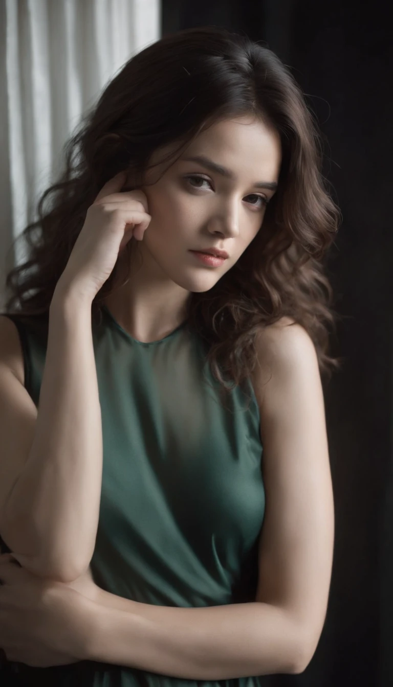 1girl,light and shadow,messy hair,light curly hair,black hair,((drak green tone)), silk nightgown,small breasts,holding own arm,upper body,half face in the dark,black and white theme,professional photography photos,strong chioscuro contrast,fashion magazine cover,melancholy tone,expressionless,contempt,dark bedroom,against wall,shaded_face,disgust,dynamic pose,dynamic angle,