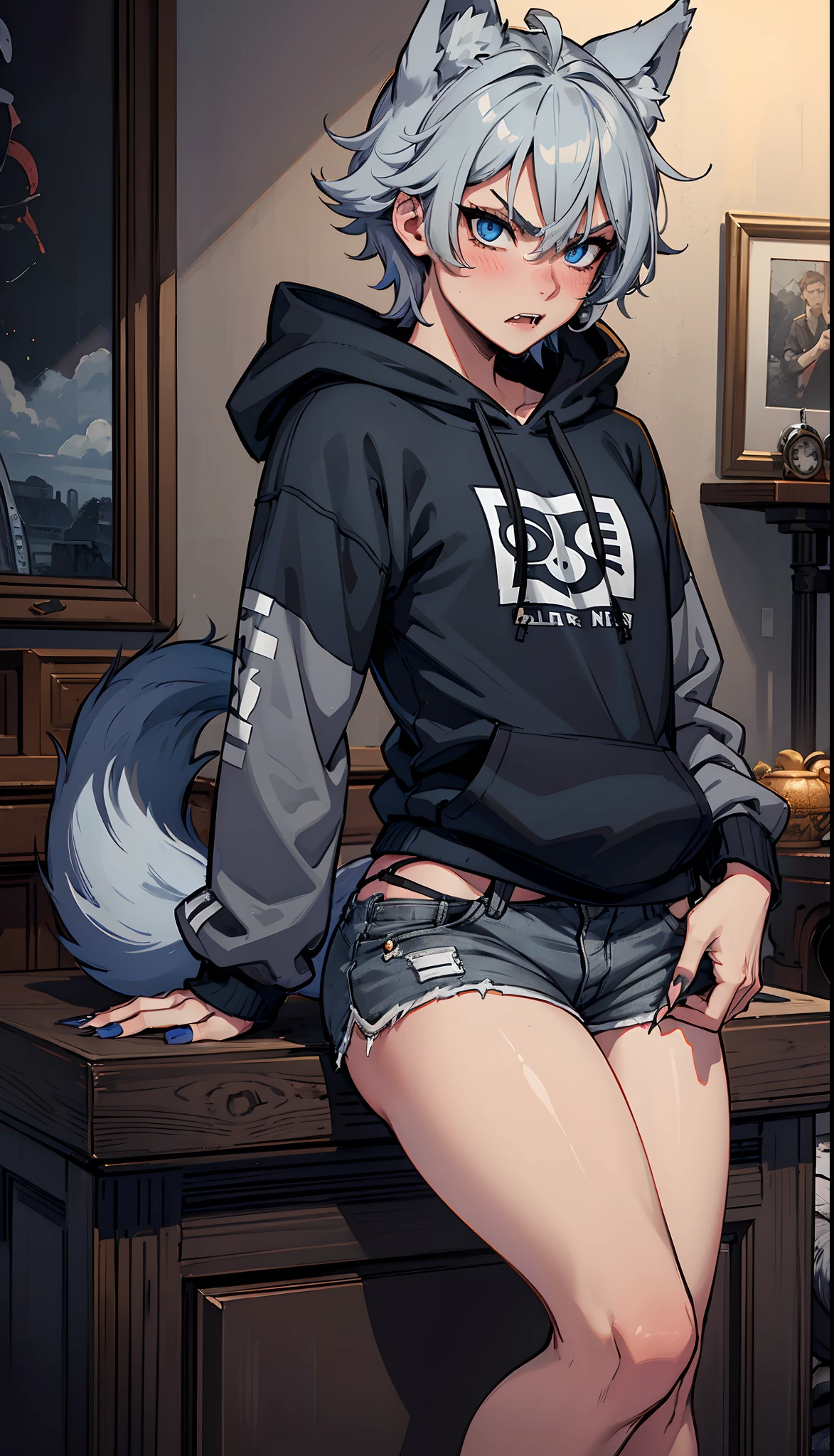 ((1boy)), blue eyes, messy gray hair, close up view, wolf ears, wolf tail, black hoodie, black booty shorts, slim waist, big thighs, looking at viewer, fangs, angry, living room, sharp nails, ultra masterpiece, HD, young, twink, wide hips, blush, big butt
