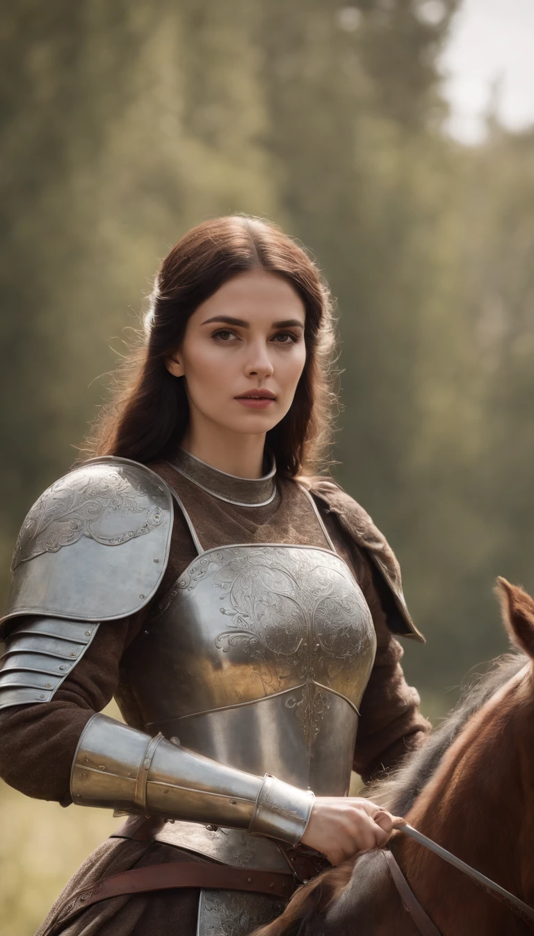 (master part), (extremamente intrincado:1.3), (Realistic), Portrait of a dark-haired woman dressed in medieval armor and holding a greatsword in her hand, pronta para a guerra, metal reflections, parte superior do corpo, ao ar livre, luz solar intensa, Castelo distante, fotografia profissional de uma mulher deslumbrante detalhada, foco nítido, Dramatic, Premiado, Cinematic lighting, octan render, Motor irreal, Volumetria DTX, (filmic grain, Bokeh)