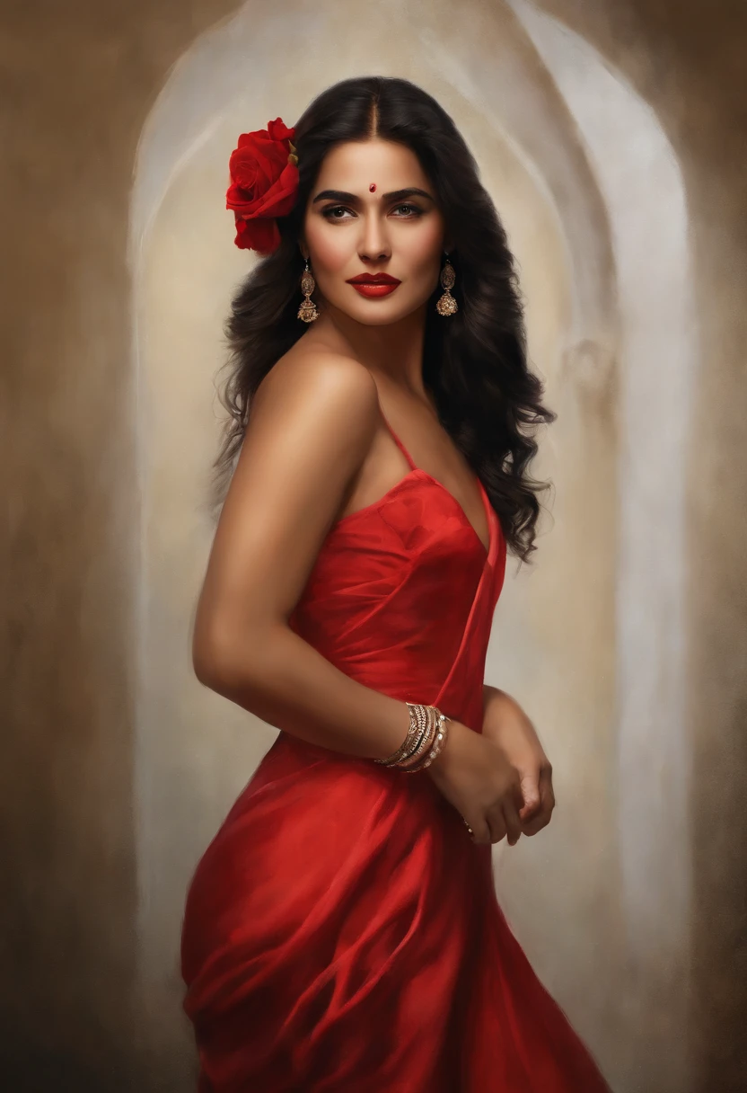 Painting of a woman in a red dress with a rose in her hand, pintura de bonito, Orientalismo, com um rosto orientalista sorridente, arte bonita, Directed by: Nazmi Ziya Guran, arte tradicional, arabian art, Retrato de Darna moderno, Directed by: Natasha Tan, Fanart, arte linda, Directed by: François Bocion, she is dancing. Realistic