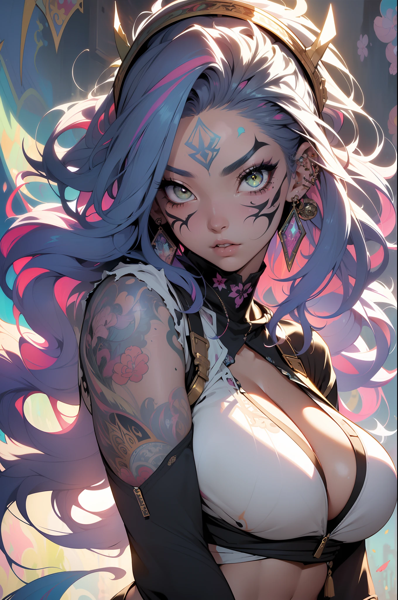((Best quality UHD)), ((masterpiece)), (detailed: 1.4), (Absurd), the most beautiful and sexy punk rock girl, long rainbow colored hair blowing in the wind, white kinetic skin, vibrant glowing yellow eyes, hot woman, wearing highly detailed hoodie graphic t-shirt and torn skinny jeans, sculptural body (((huge enormously gigantic tits, cleavage showing)), tons of tattoos and piercings(((unkempt hair)), very long finely detailed eyelashes, by mucha, niji --V5, close to real, sexy dynamic pose, pastel, centered, scale to fit the dimensions, splattered paint graffiti style background, highy detailed background, perfect masterpiece, best quality, best resolution