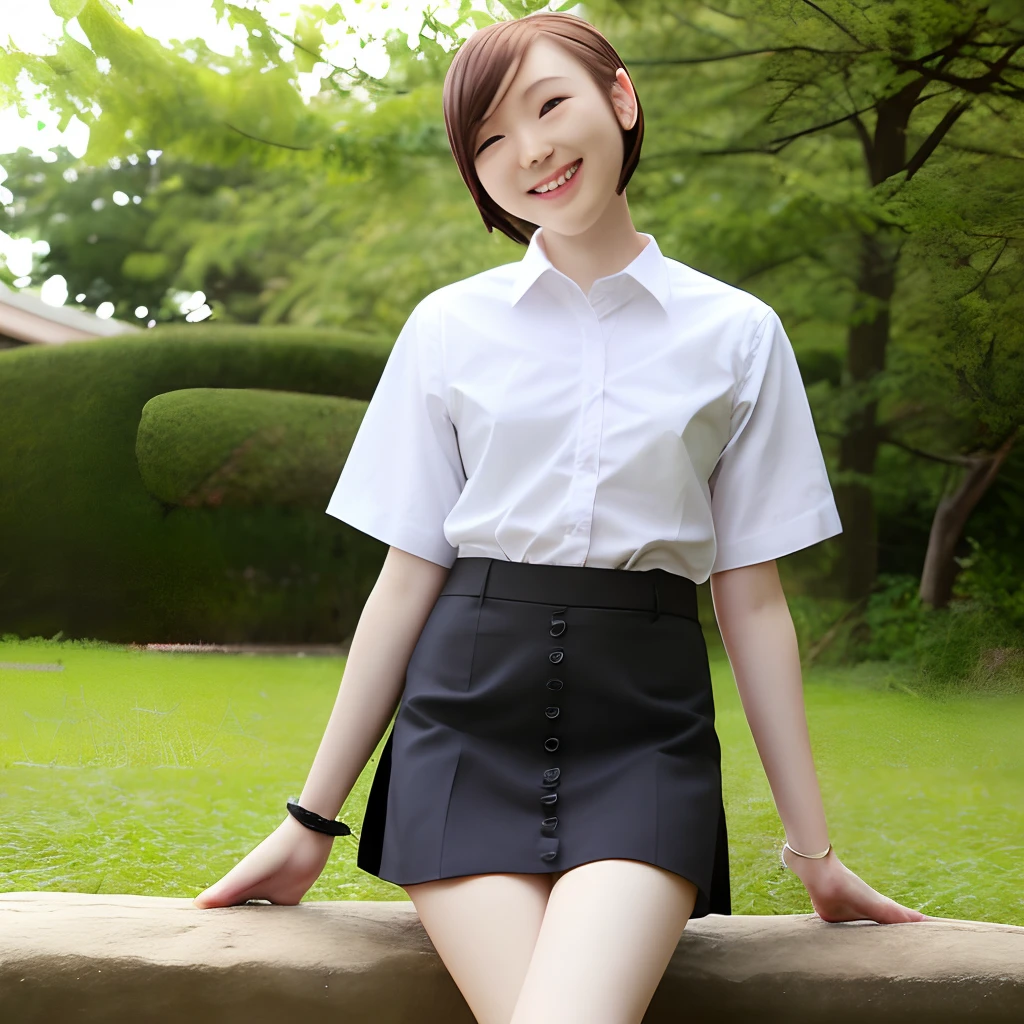 Sit up, OL, Suit, a miniskirt, slender, tall, Smiling, Short hair、Foot braids