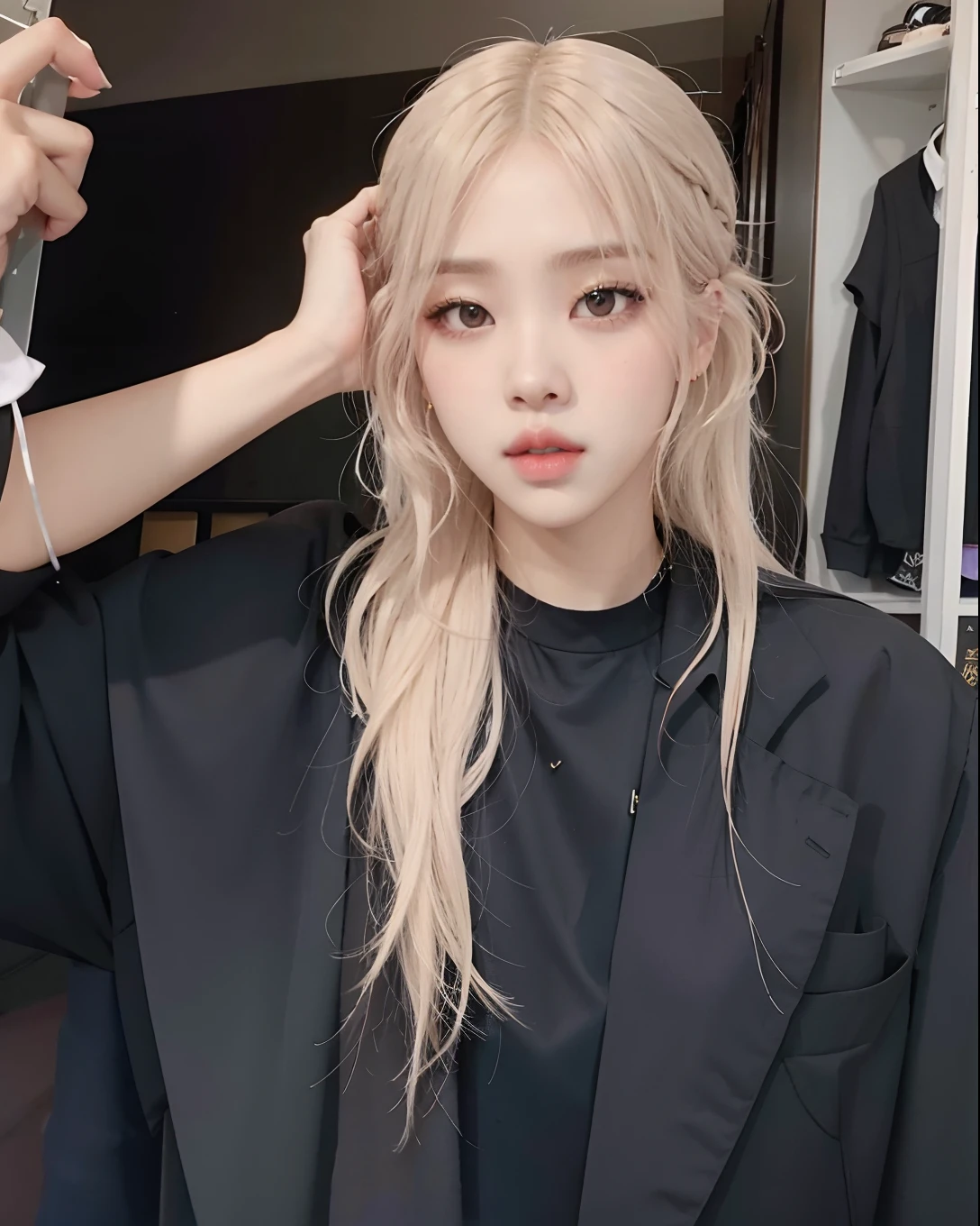 Mujer de pelo rubio con traje negro y camisa negra, Jossi de Blackpink, Parque Roseanne de Blackpink, Retrato de Jossi de Blackpink, Su cabello es blanco, Kim Doyoung, Jaeyeon Nam, Brillante por la lluvia, Bae Suzy, Jinyoung Shin, con el pelo largo y blanco, Lalisa Manoban de Blackpink, pale hair