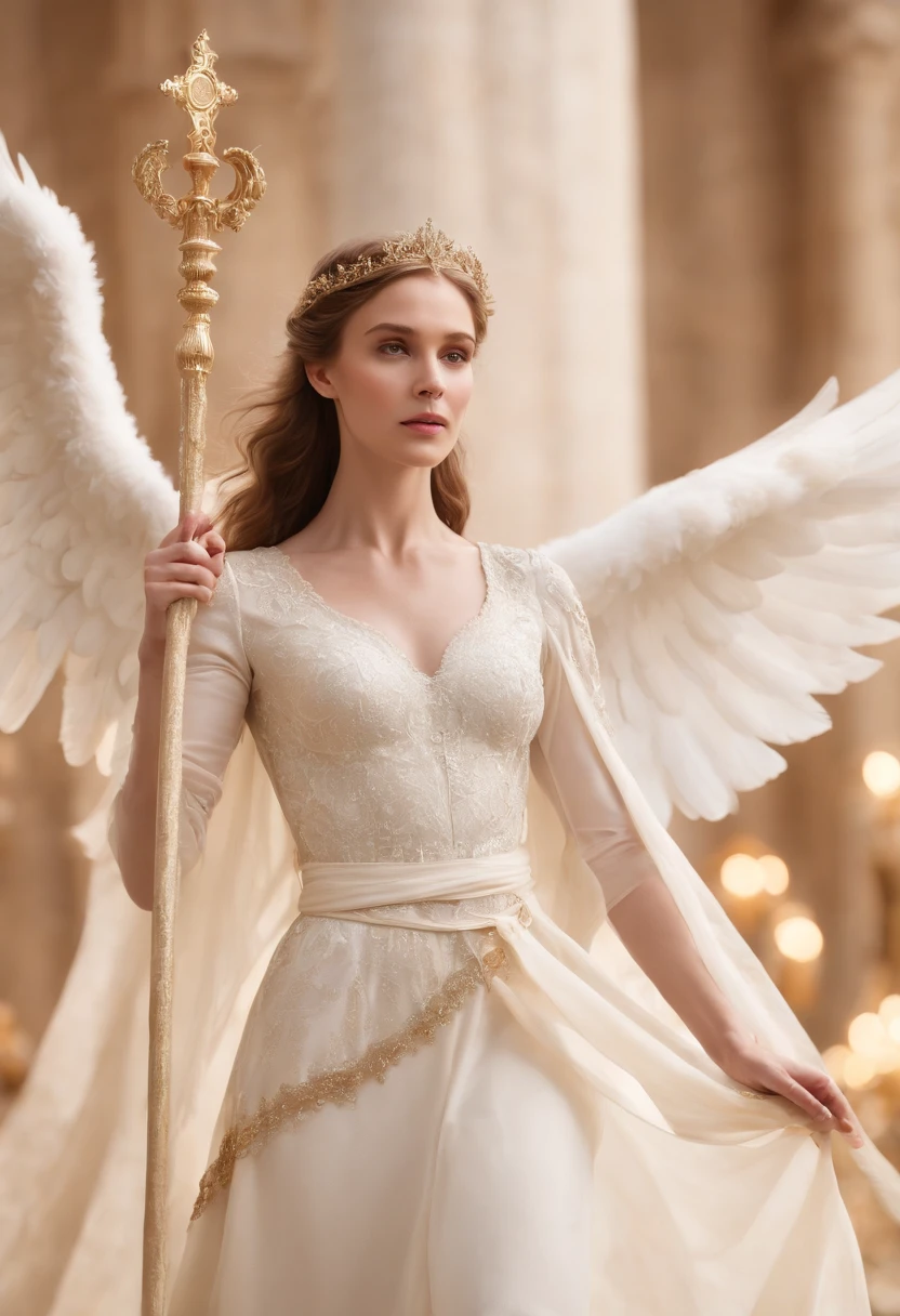 Holy maiden,The whole body is surrounded by white ribbons,Holding a golden scepter in his hand, He sits on a lion made of crystal,Flexible body,Pleasant appearance,Super clear,4K,The picture quality of the movie,Easy composition,The texture of the arrival of angels