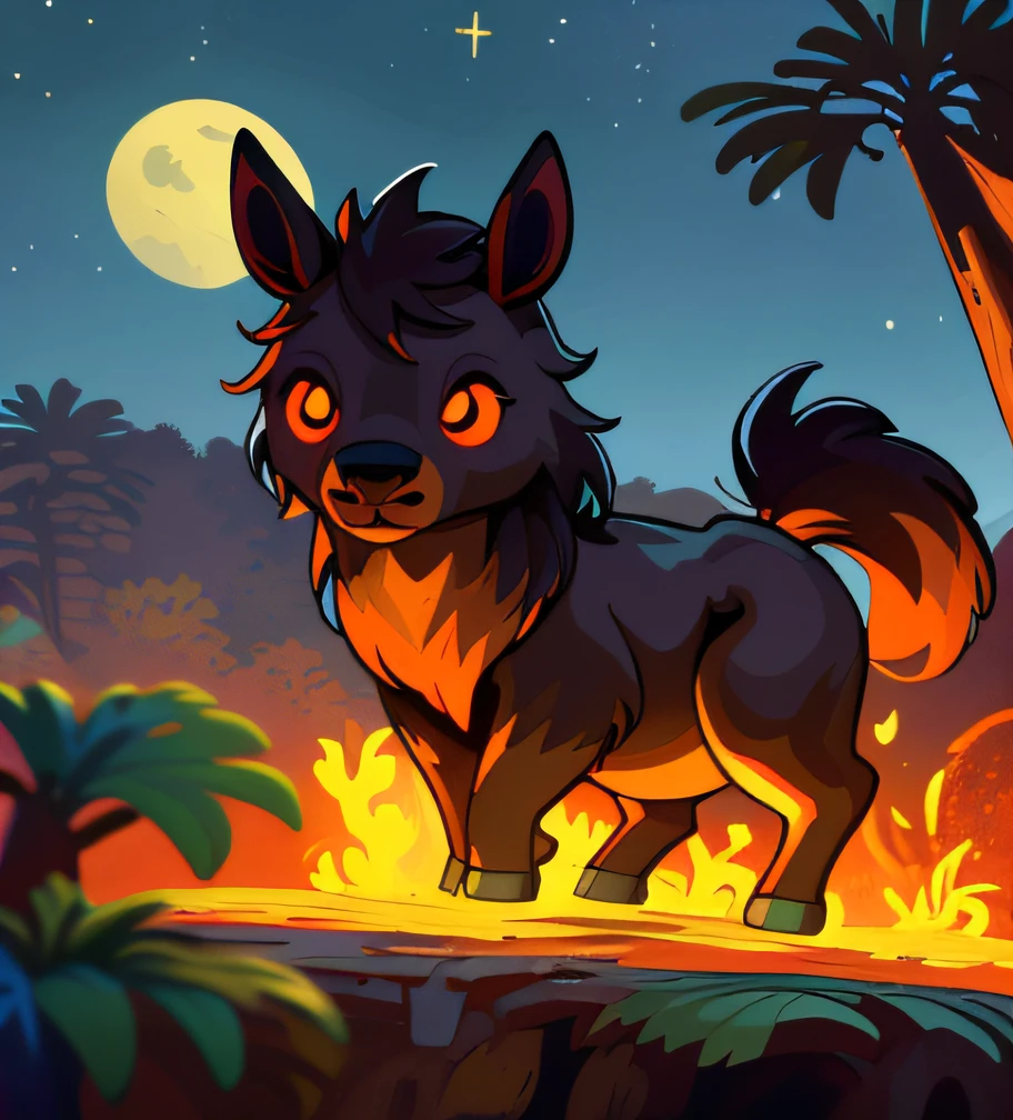 adesivo, fundo simples, horse animal, cavalo, Headless mule, Hiking in the Amazon rainforest at night in the moonlight, pele escura, Children's Stories Illustration, ceu estrelado noturno, conto de fadas, cores vibrantes, cartoon illustration, melhor qualidade, Chibi, disco Rigido, obra-prima