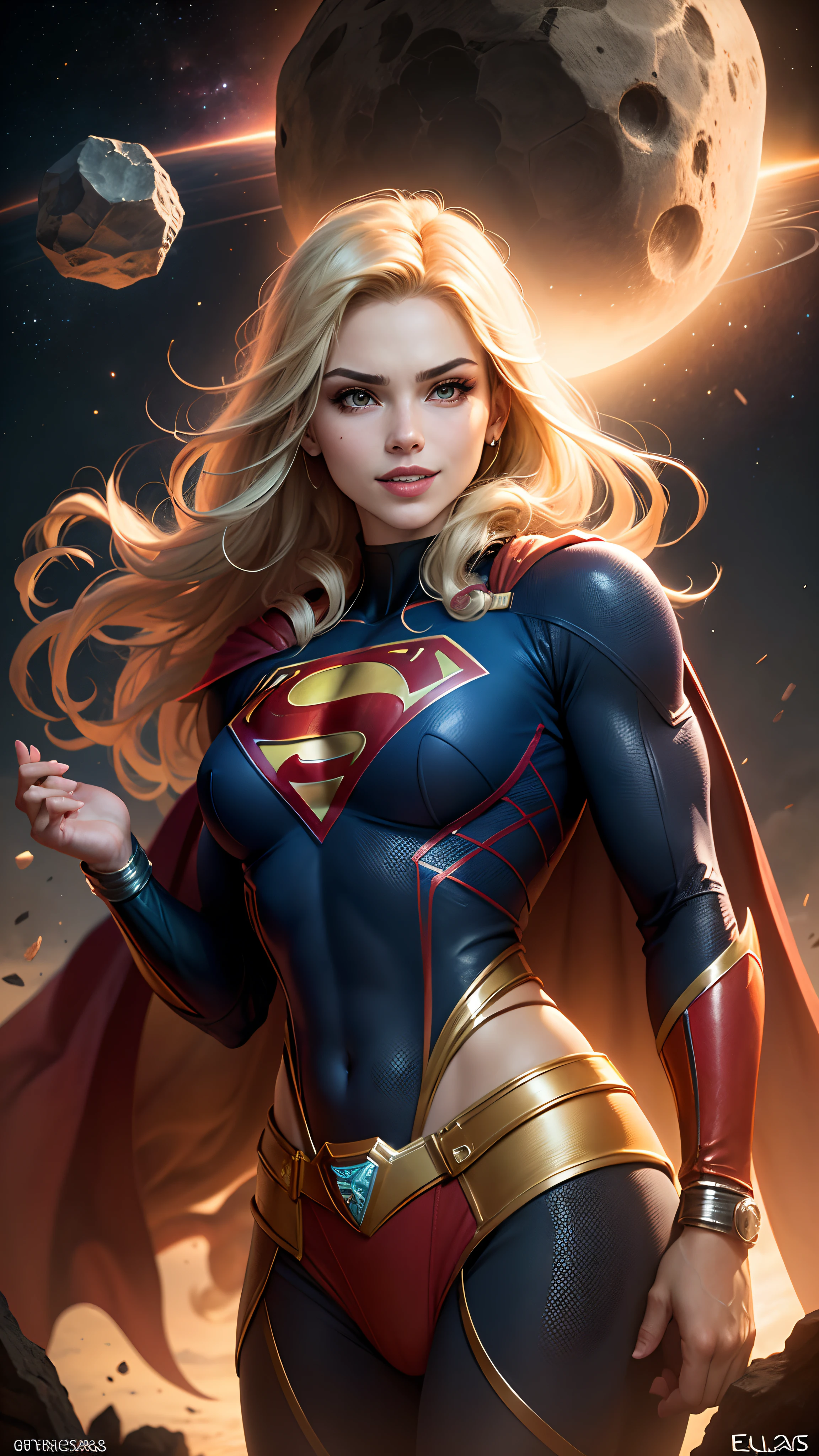 ((whole body view)), (SUPERGIRL is in outer space), (Lifting a large asteroid with your hands), (Complete DC Comics Superheroine), fora, highlights your muscles and scars. The scenery is lush and mysterious, com galaxias ao seu redor. The camera details everything. ((ela tem cabelo loiro, ela tem cabelo comprido)), (Ela tem um sorriso confiante, Pose heroica), ( His attitude is fearless), ( Ela tem uma personalidade arrogante).