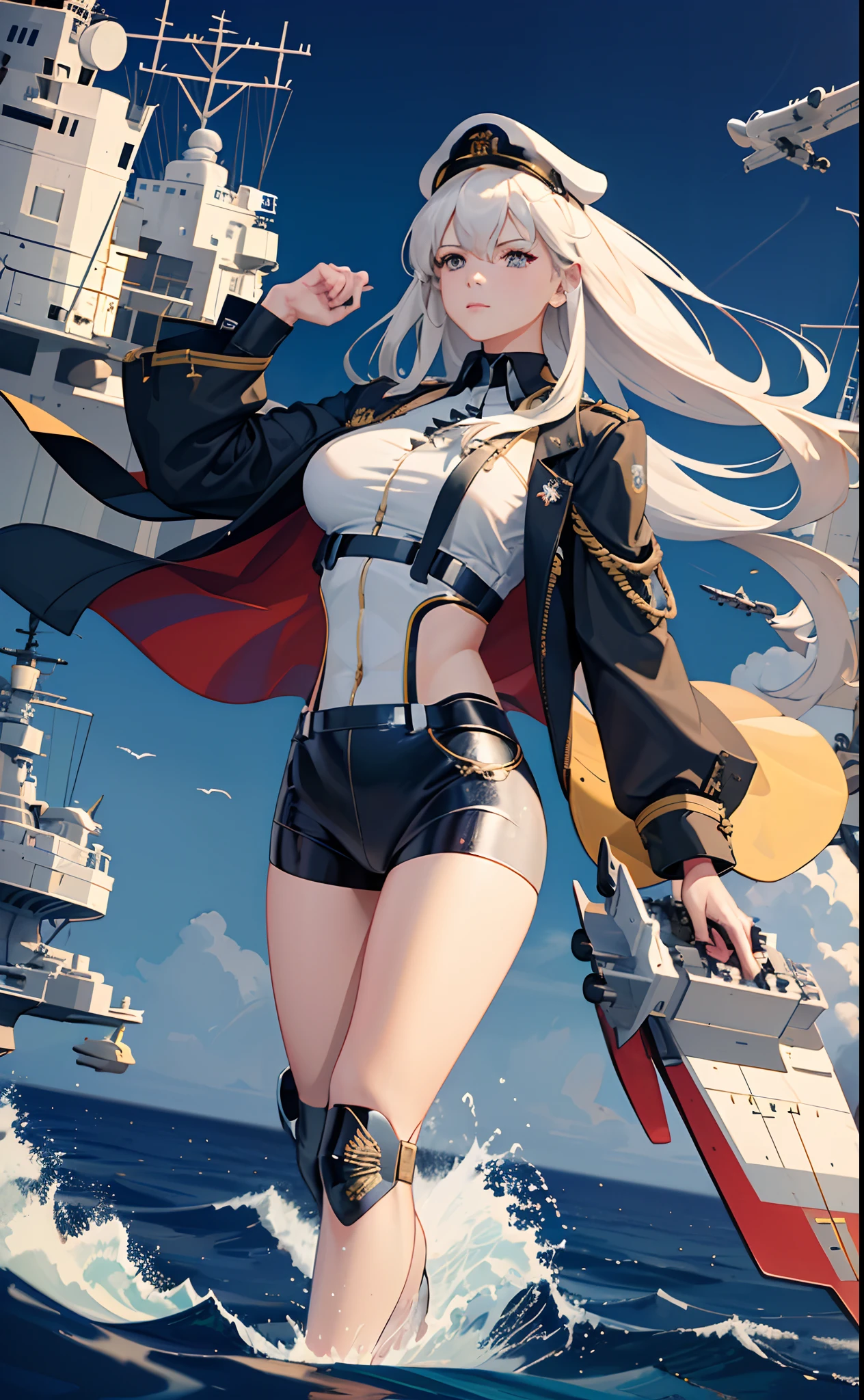 (best quality,4k,8k,highres,masterpiece:1.2),ultra-detailed,(realistic,photorealistic,photo-realistic:1.37),Enterprisewearing overhang coat,standing on flight deck,CVN-68 (USS Enterprise),F-14 Tomcats flying in distance,naval aircraft carrier,stormy weather,commanding presence,impressive scale,striking background,reflection on surface,avionic gadgets,metallic finish,propeller-driven aircraft,engine exhaust trails,military synergy,aircraft catapults,naval insignia,battle-ready helicopter deck,captivating sight-of-view,powerful jets,tailhook wires,menacing silhouette,high-tech aviation,navy uniforms,embroidered patches,nautical atmosphere,roaring engines,powerful armament,towering aircraft,overhead bolting crane,imposing aircraft carrier,deck crew,commanding figure,launching readiness,dynamic scene,strong physicality,flying squadron,force projection,nautical ambiance,sea surface,naval operations,loud sound effects