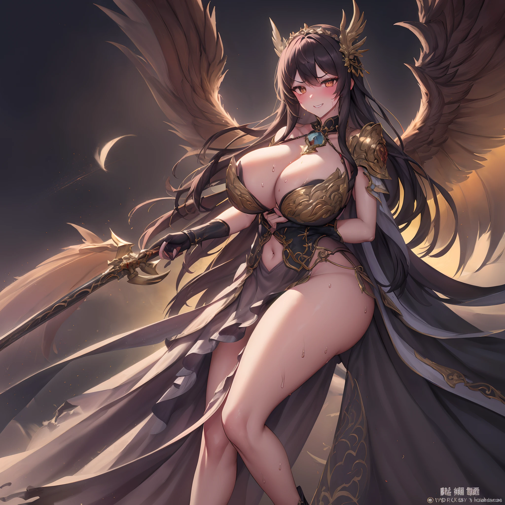 ((Anime Art Style)),(masutepiece),(Best Quality), (Super Detail),((Very delicate and beautiful)),Focus on character,Dynamic Angle,Looking at Viewer,((Solo)),Standing,(((Full body))),((one evil and cute princess in gorgeous ball gown with voluminous skirt)),Detailed face and eyes,(nefarious smirk),Eyes Like Gems,((Very Long voluminous Hair)),gorgeous embroidery and lace,See-through,ornate ruffles,Gorgeous jewelry ornaments,luxury hair ornament,luxury and evil tiara with jewels,(huge-breasted,Long breasts),Full body,((evil and dark atmosphere)),Full body,(((gorgeous ballgown with voluminous skirt)))(​masterpiece、top-quality、top-quality、Official art、Beautifully Aesthetic:1.2)、(One girl:1.3)、A highly detailed、(Fractal Art:1.1)、(colourfull:1.1)(florals:1.3)、The most detailed、(Zentangle:1.2)、(Dynamic Poses)、(Abstract background:1.3)、(shinny skin)、(Many colors:1.4)、、(耳环:1.4)、(pluma:1.4)ung aristocratic maid woman)((Black ruffled maid outfit with luxurious embroidery))((Heavy drool))((Very angry look))((red blush))((Painful and troubled face))((The face of suffering and perseverance))((Heavy sweat on the face,)((Heavy sweat spreading all over the body)))Girl with a troubled face、nightcity、Sateen、Kimono without sleeves、A dark-haired、Holding a weapon with blood on it、Looking at the camera、Cherry blossoms are dancing，Unusually resistant、red blush、shrine maiden、valkyrie、Angel wings、a navel、sideboob barbosa、with an intricate、Particles of light、thighs thighs thighs thighs、shinny skin、Perfect litthing、1girl in、looking at the viewers、Winged headgear、pelvis curtain、A smile、(​masterpiece)、(top-quality)、tiny chest、Porcelain Skin、Very long hair、hair wavy、Royal sister，femele，A queen，putting on a crown，There are a lot of golden lightning around，sitting in a throne，Bangs cover the eyes，Black Suspender Socks，Black Lace Top，，High jump，Grab Erlang's leg，，Black Silk Top，domineering，smil，The corners of the mouth are raised，Red and gold eyes，Black silk erotic underwear，Black top，Black Silk