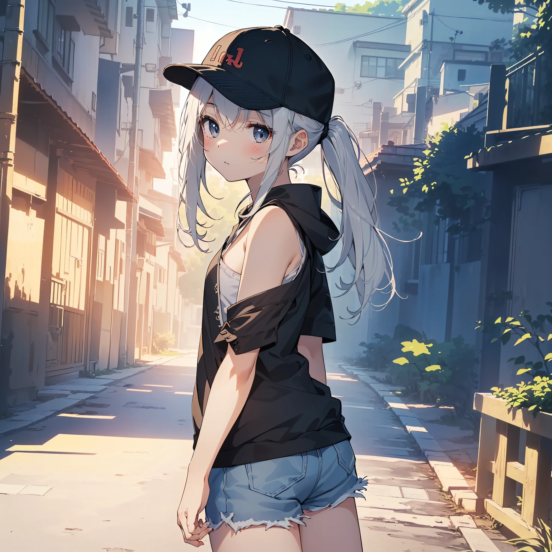 Top Quality,high resolution,da-kuro style,1girl,kawaii,(solo,loli face,11 years old:1.5),a junior high school student, low ponytail,Full limbs,complete fingers,flat chest, Small butt,Small eyes,Beautiful detailed black eyes,groin,(tank top,shorts:1.2),(Detailed Lighting), (Detailed background), (rural road),(Matte Cap Shader, textile shading, masterpiece, High quality, Exquisite, highres best quality, cute illustration, High resolution,ultra-detailliert,Extremely delicate:1.5),