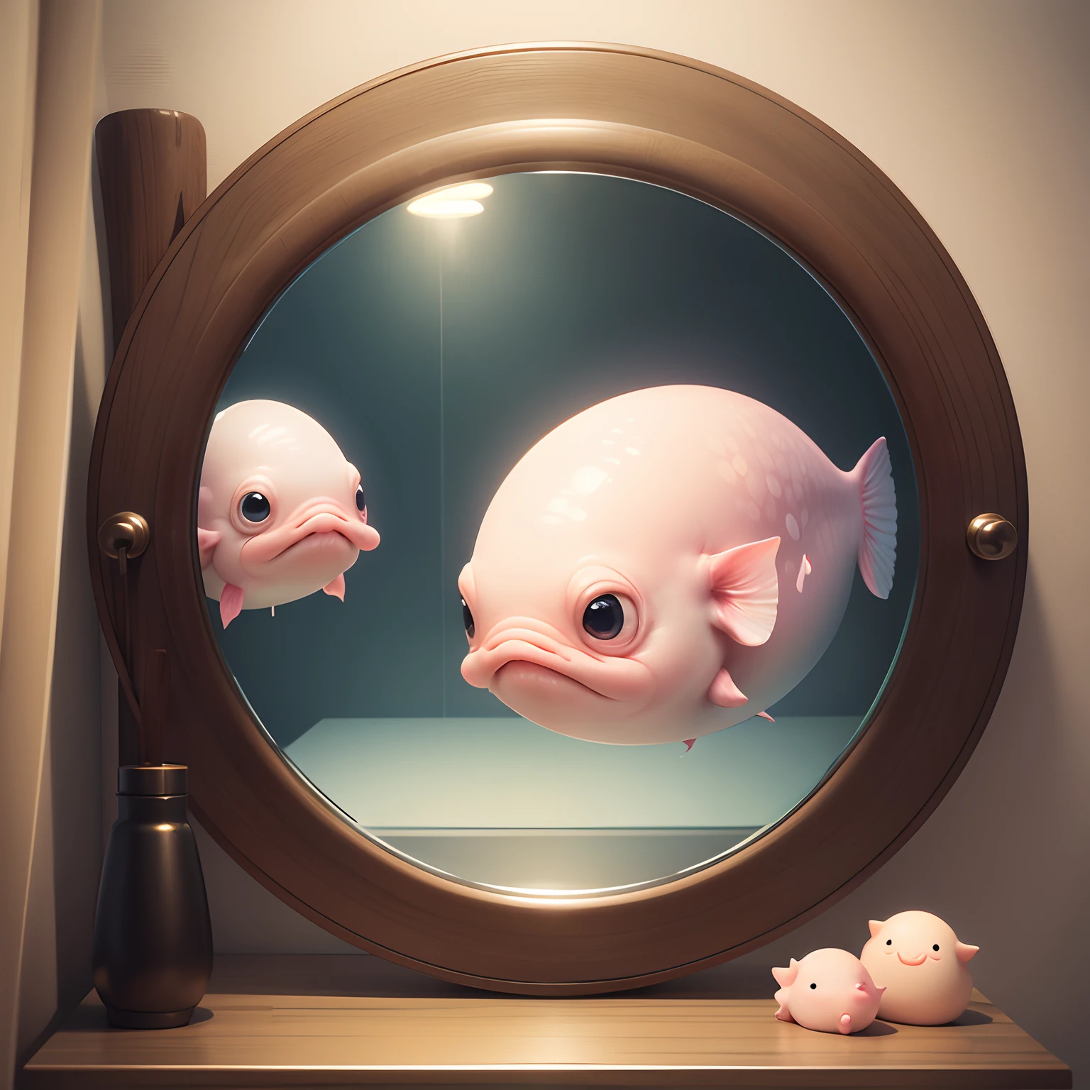Super cute blobfish looking itself at the mirror 4K realistic, super detailed, vray display, unrealistic engine, midjourneyart style.