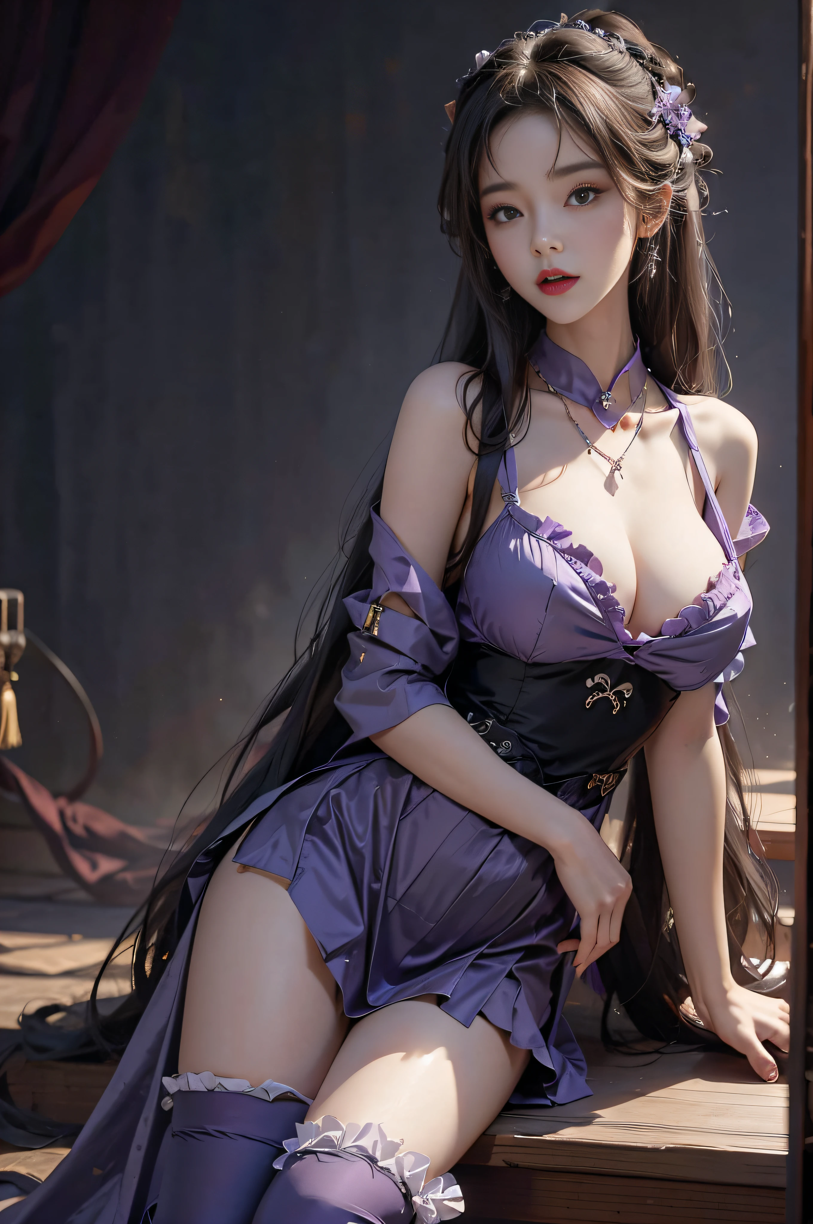 high-level image quality、Angle from below、newyork、a bar counter、Absolute area、maid clothes、a miniskirt、frills skirt、Stockings、Sexy breasts、Bold poses、Sticking out the buttocks、Purple clothes、Blue eyes、Female sexy、newyork、seductiv、Slim waist、long slender legs、gorgeous maid、a necklace、Ren Hao、Colossal tits、sexy facial expression、耳Nipple Ring、