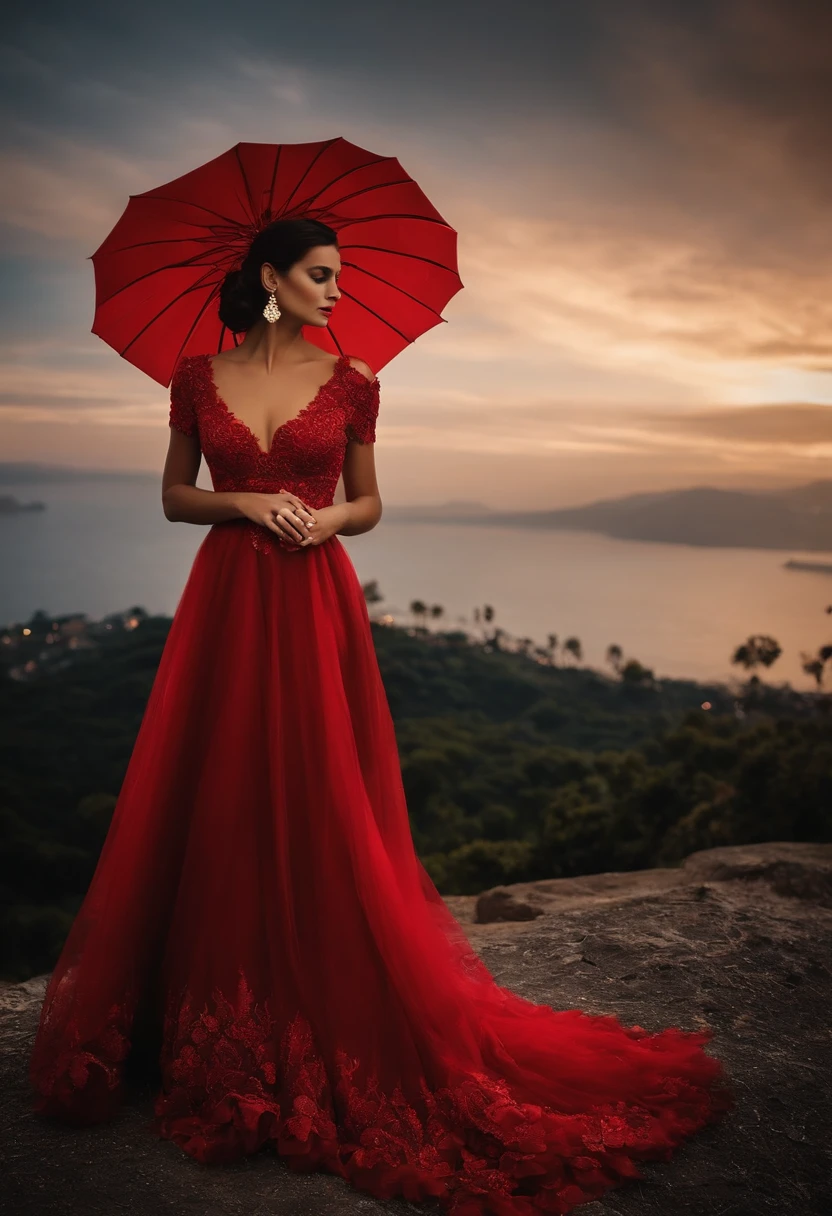 Uma linda cigana vestindo um lindo vestido vermelho. Toda adornada de ouro. The atmosphere is gloomy like a graveyard