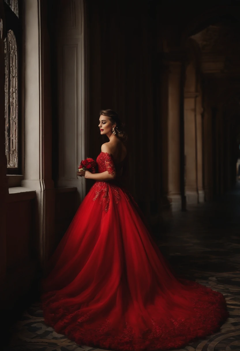 A woman on a staircase of a mansion, tanned skin, long dark hair, dressed as a bride, the staircase full of red and white roses.