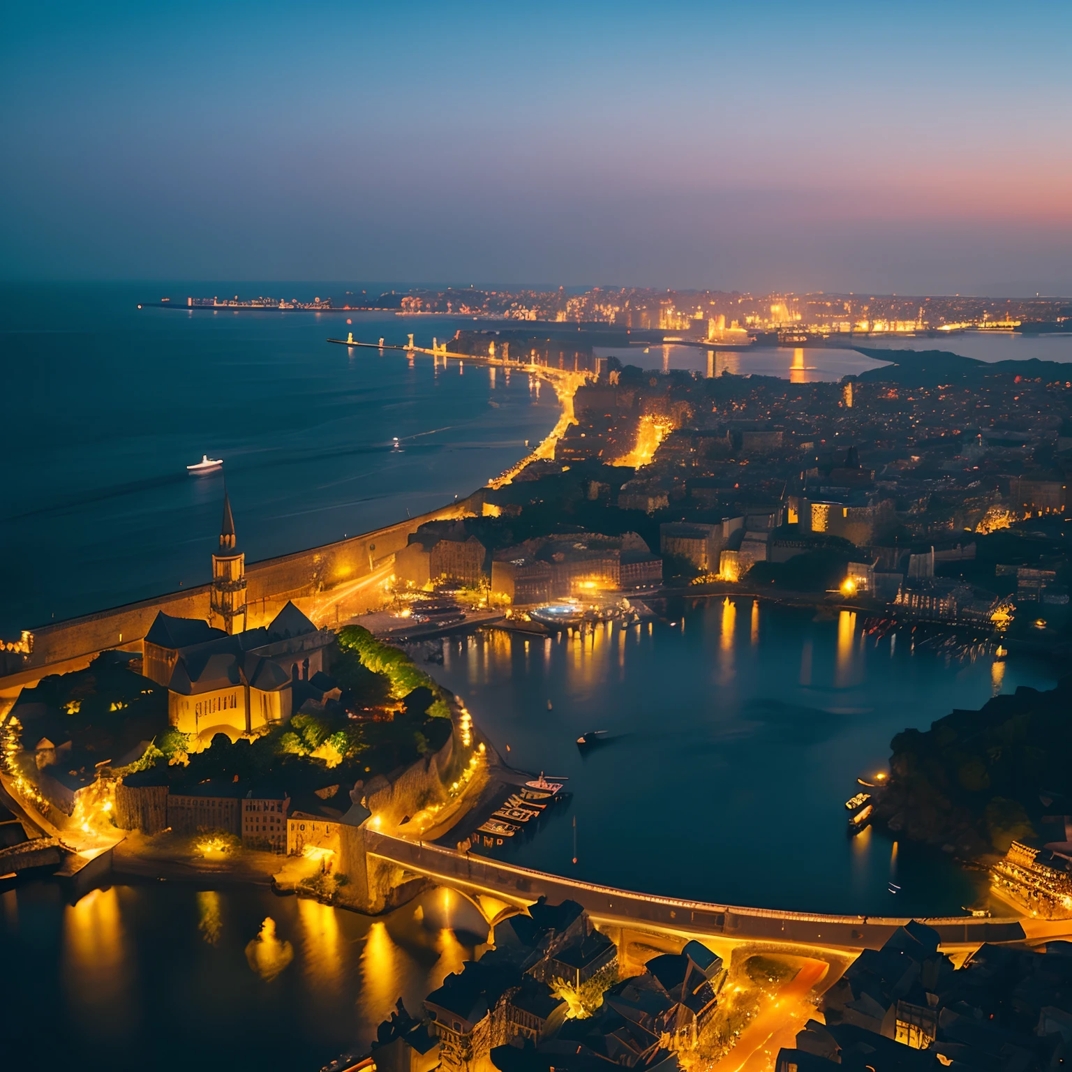 Aerial view、Sea view、Super-developed civilization、Huge metropolis、cathedral、Fantasia、Magnificent terrain、High-rise complex、Medieval European style、European style architectural group、Super beautiful night sky、Star-filled sky、Night view、Architecture of medieval Europe、coast、Huge island、stain glass