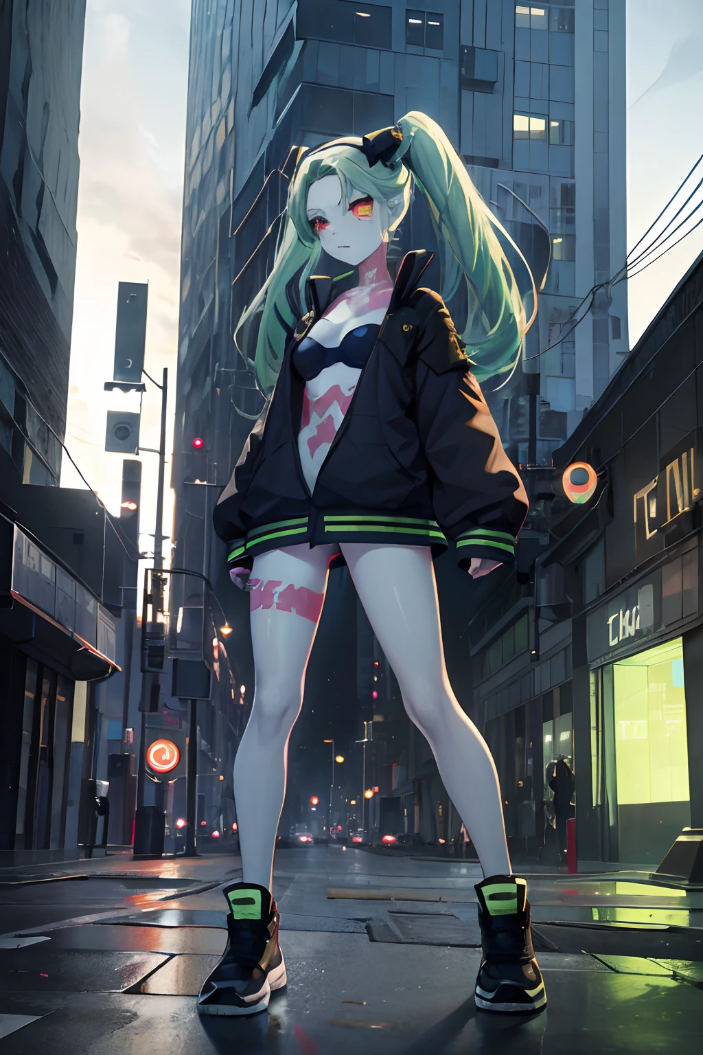 Rebecca, 1girl, green hair, white skin, twintails, colored sclera, red sclera, bra, panties, black jacket, artificial eye, black sneakers, perfect anatomy, solo, zombie, multiple boys, crowd, glowing eyes, undead, horror \(theme\), masterpiece, best quality, highly detailed, upper body, standing, post-apocalyptic city