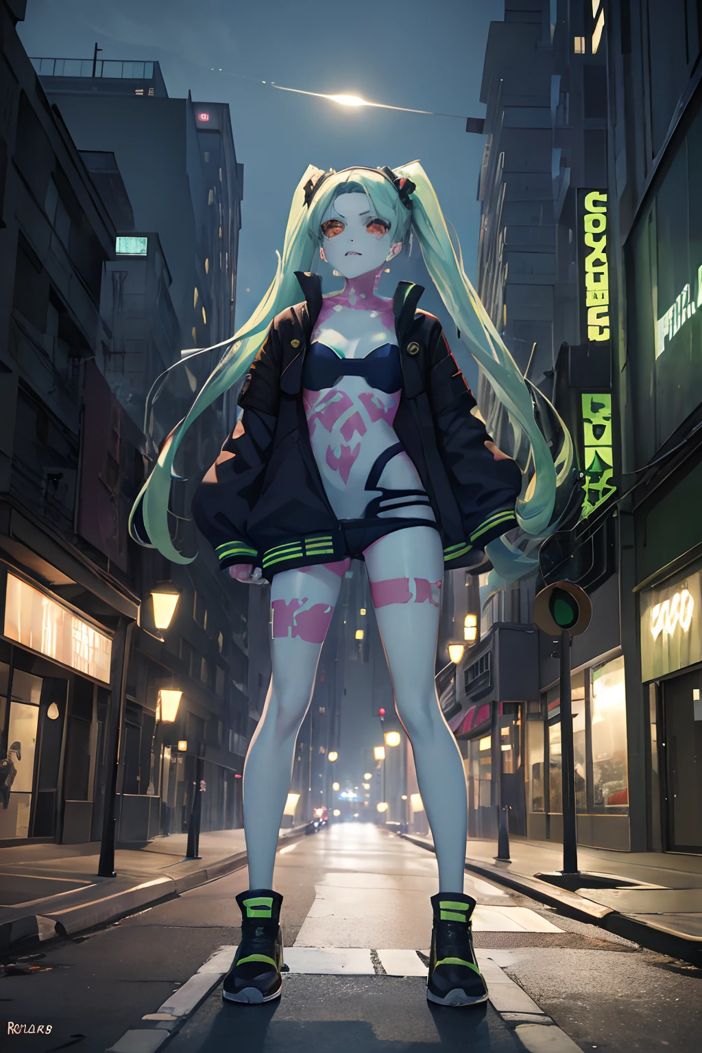 Rebecca, 1girl, green hair, white skin, twintails, colored sclera, red sclera, bra, panties, black jacket, artificial eye, black sneakers, perfect anatomy, solo, zombie, multiple boys, crowd, glowing eyes, undead, horror \(theme\), masterpiece, best quality, highly detailed, upper body, standing, post-apocalyptic city