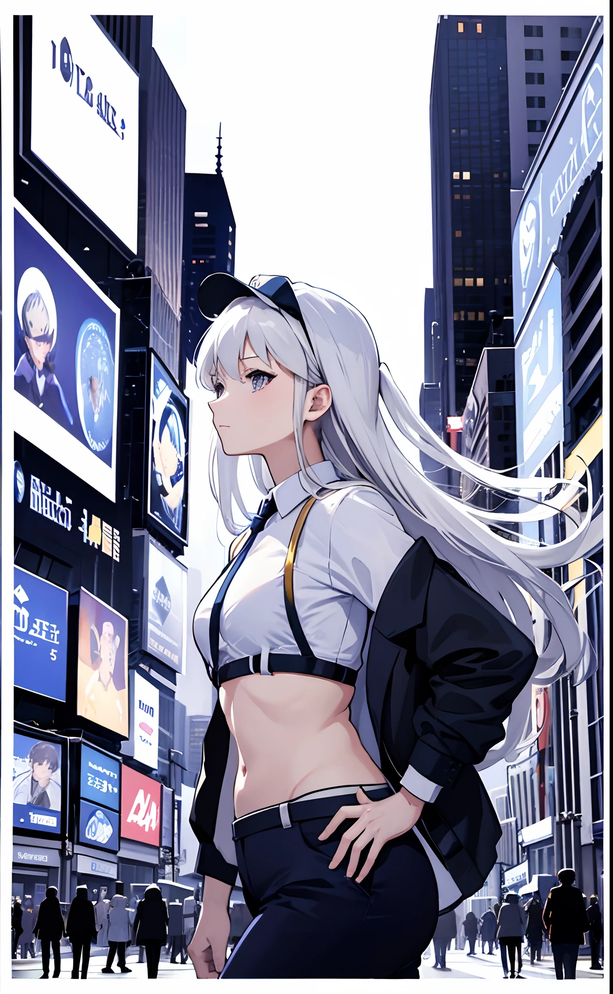 Draw Enterprise from Azur Lane wearing casual clothes while walking in New York Times Square