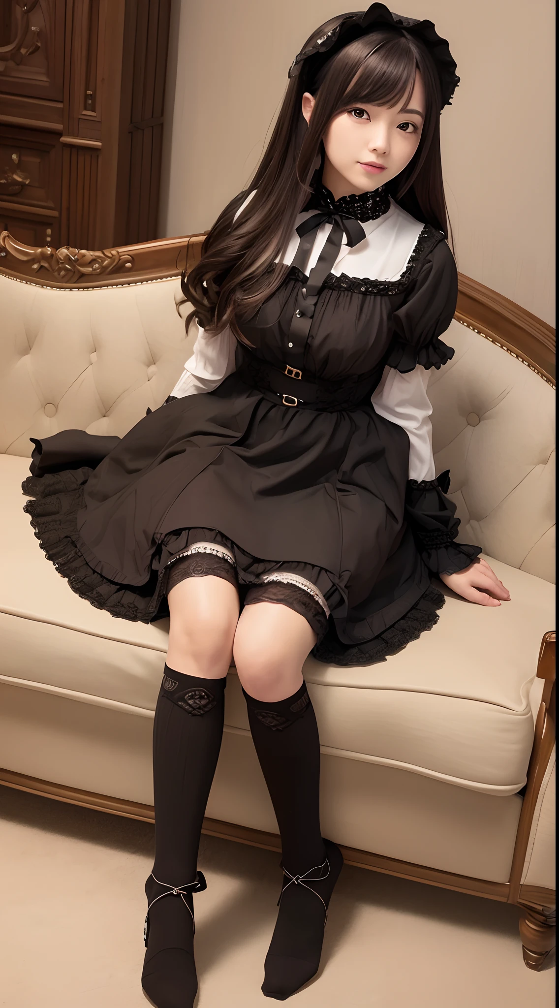Painting of a young girl in a black dress posing next to an empty bed, 1girl in, Solo, pantyhose, Dress, Black Dress, Indoors, skirthold, Black pantyhose, White hair, Short hair, Long sleeves, Blue eyes, braid, Looking at Viewer