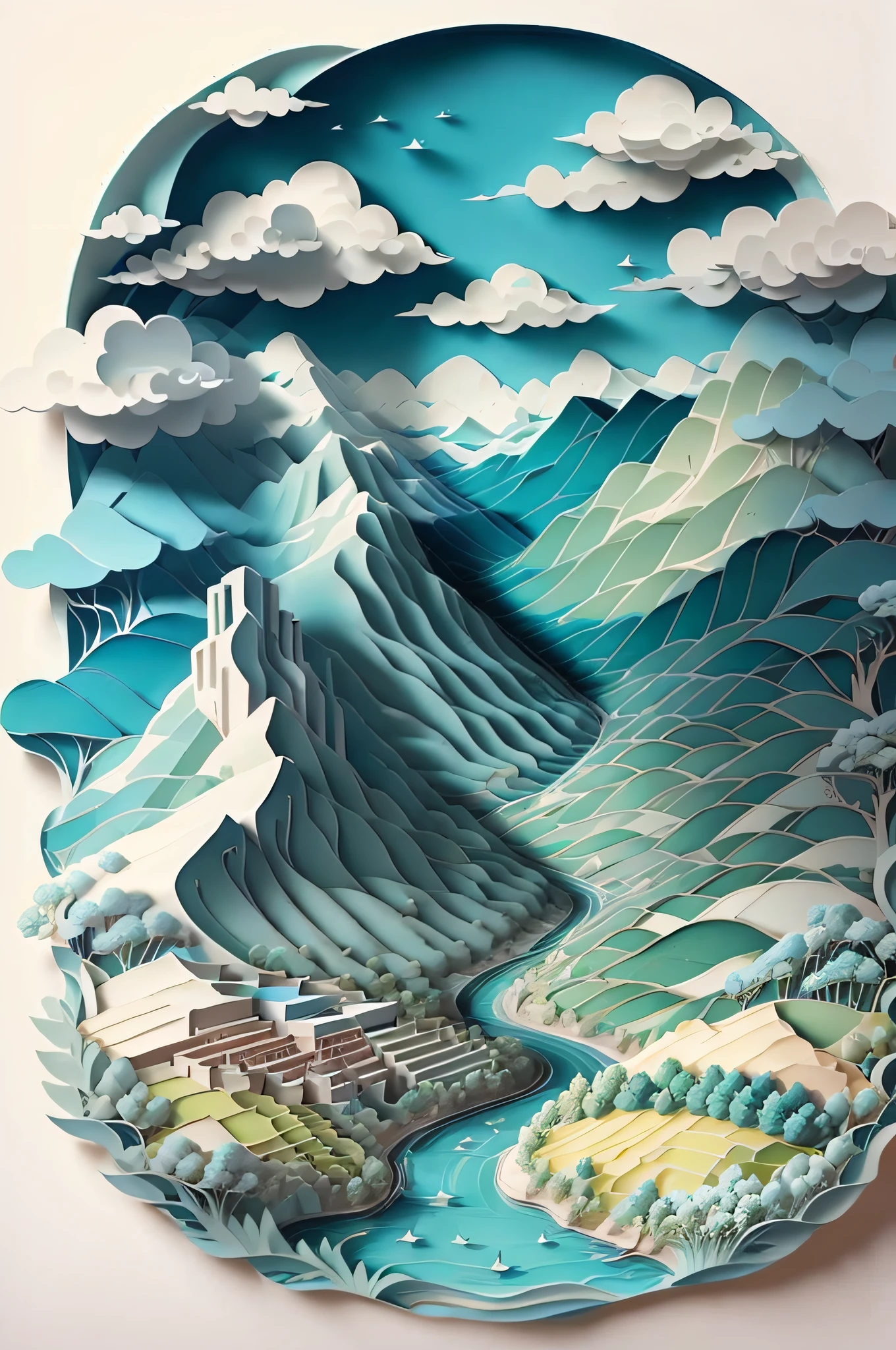 paper art，with blue sky and white clouds，Green Mountains and Green Water，terraced